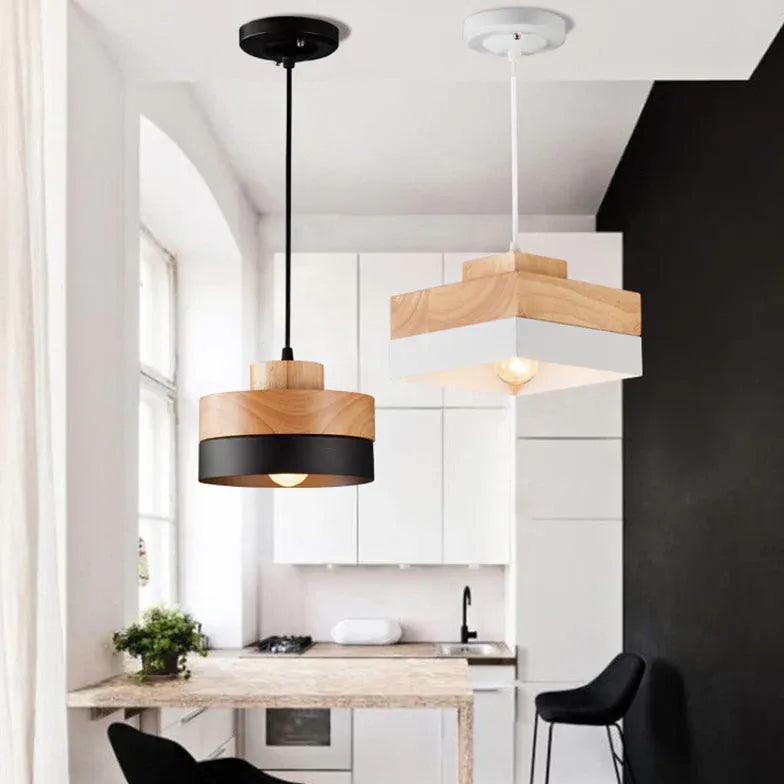 Modern Geometric Wooden Pendant Light for Kitchen Island - Farmhouse Style Hanging Light Fixture with Natural Wood Accents - Perfect for Dining Room, Breakfast Nook & Kitchen Counter Lighting