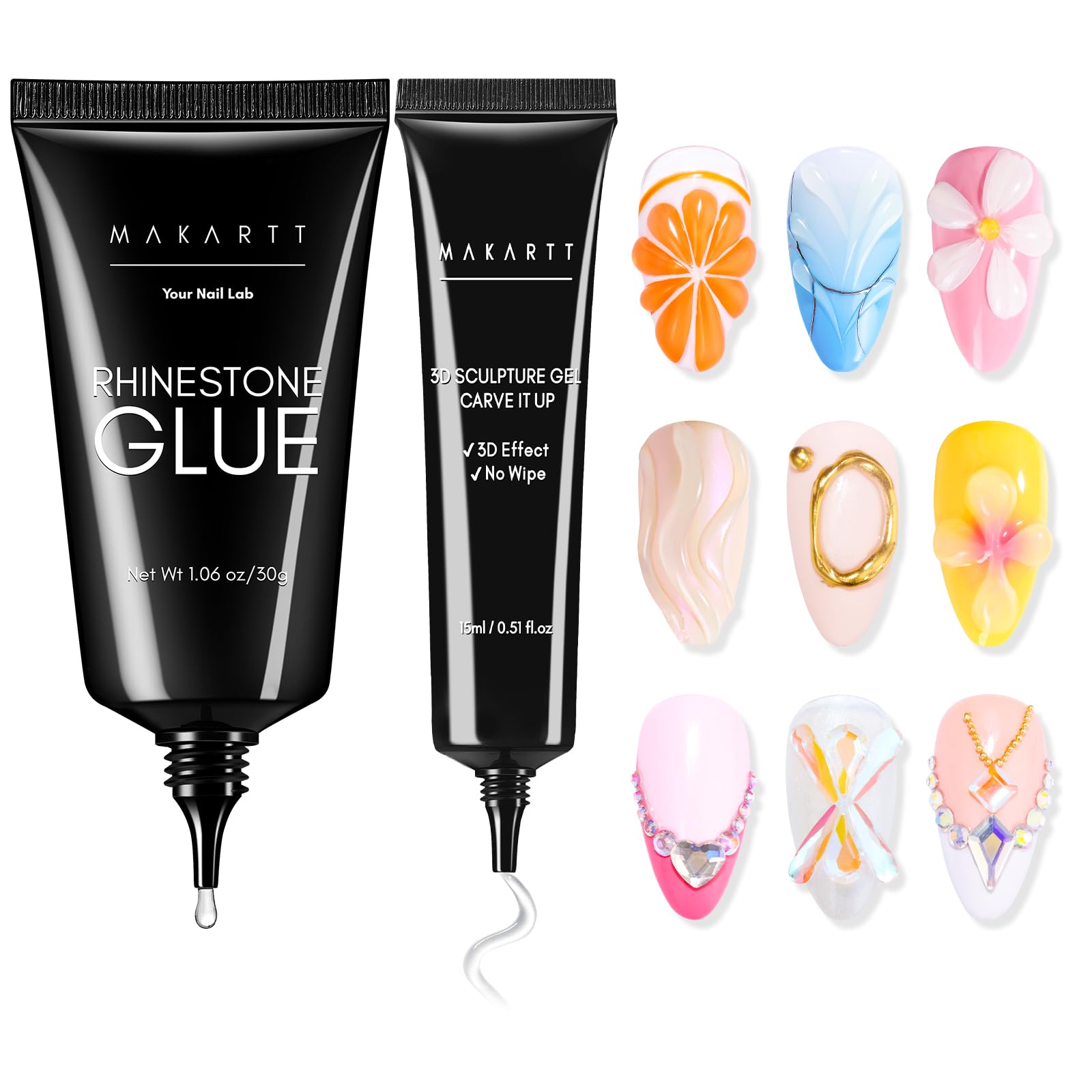 Makartt Professional Nail Rhinestone Glue & 3D Nail Gel Kit - Super Strong Nail Art Adhesive for 3D Sculpting, Drawing, Molding & Embossed Nail Decoration | DIY Manicure & Nail Art Design | Perfect for Salon, Home Use & Special Occasions