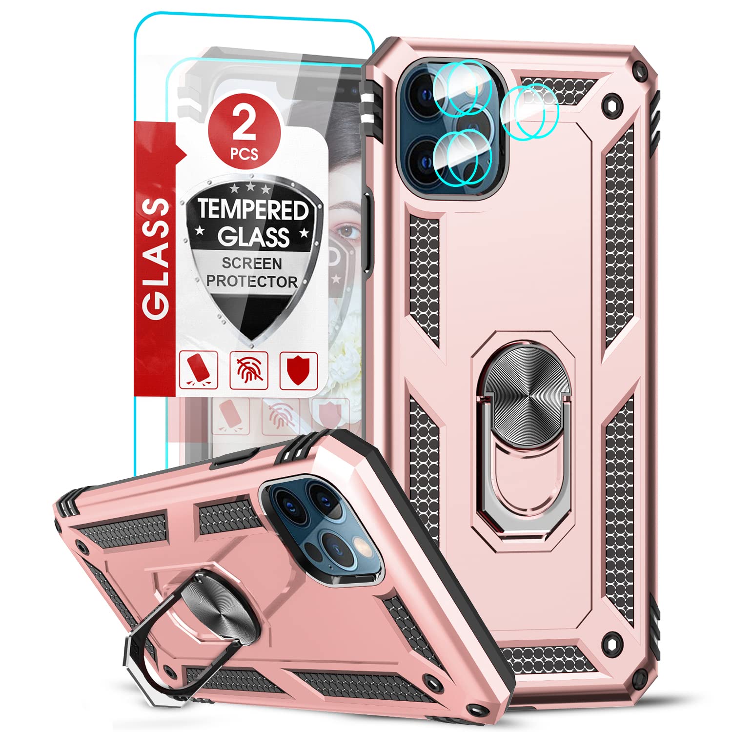 LeYi iPhone 12 Pro Max Case with [2 Pack] Tempered Glass Screen Protector & Camera Lens Protector - Military-Grade Shockproof Phone Cover for Women & Men in Rose Gold - Perfect for Outdoor Activities, Work & Daily Protection