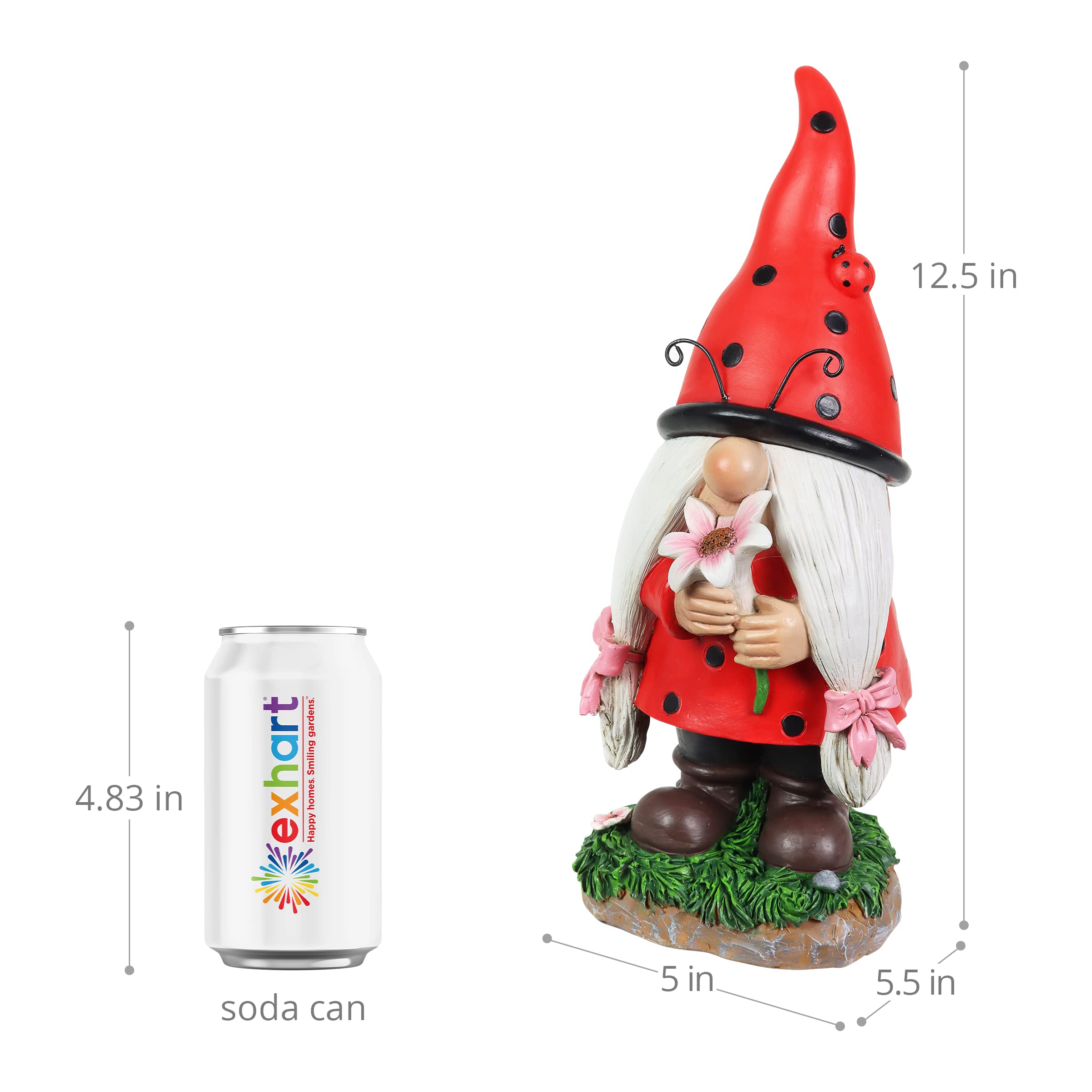 Solar-Powered Ladybug Gnome Statue with LED Lights – 5 x 5.5 x 12.5 Inch Outdoor Garden Decor for Lawn, Yard & Patio – Exhart Garden Gnome with Red Hat & Pink Flower – Perfect for Backyard, Flower Beds & Gift Giving