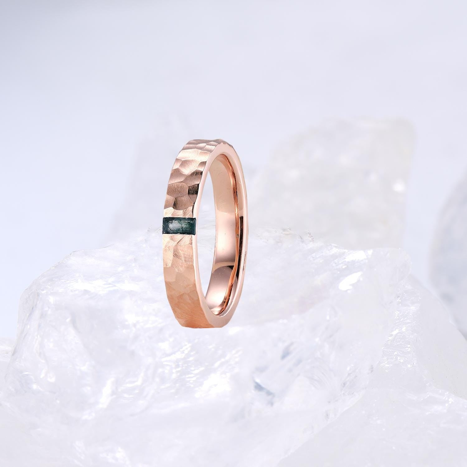 Rose Gold Couples Moss Agate Ring Set - Baguette Green Agate Engagement Rings for Men & Women, His & Hers Wedding Bands, Hammered Finish - Perfect for Anniversaries, Proposals & Romantic Gifts