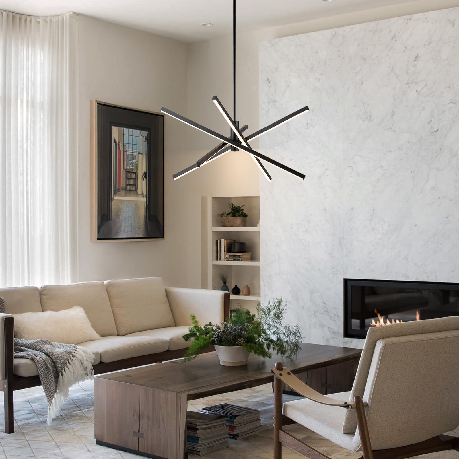 Y'INSP Modern Sputnik Chandelier - Black LED Linear Pendant Light with Embedded LEDs for Dining Room, Kitchen Island, Bedroom & Living Room | Stylish Ceiling Lighting Fixture for Home Decor & Interior Design
