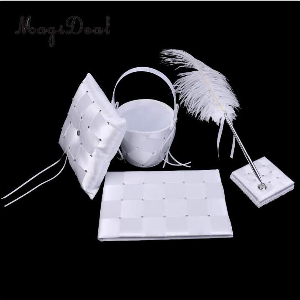4Pcs Romantic Wedding Decoration Set - Rhinestone Satin Ribbon Ring Pillow, Flower Basket, Guest Book & Pen Holder - Wedding Party Decor, Photography Props for Ceremony & Reception