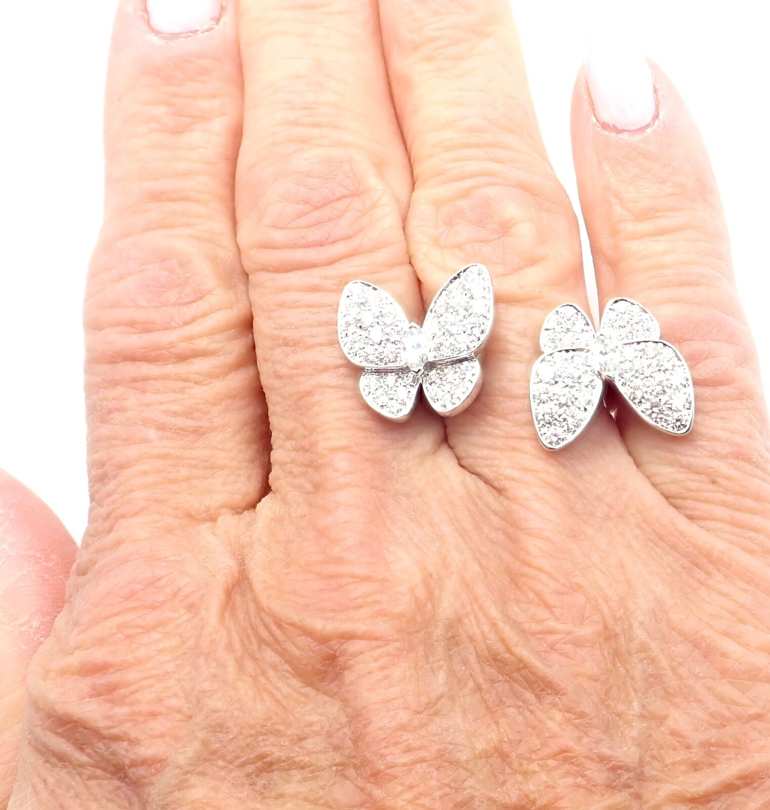 Van Cleef & Arpels 18k White Gold Diamond Two Butterfly Between Finger Ring - Elegant Stackable Ring for Women, Perfect for Weddings, Anniversaries & Special Occasions