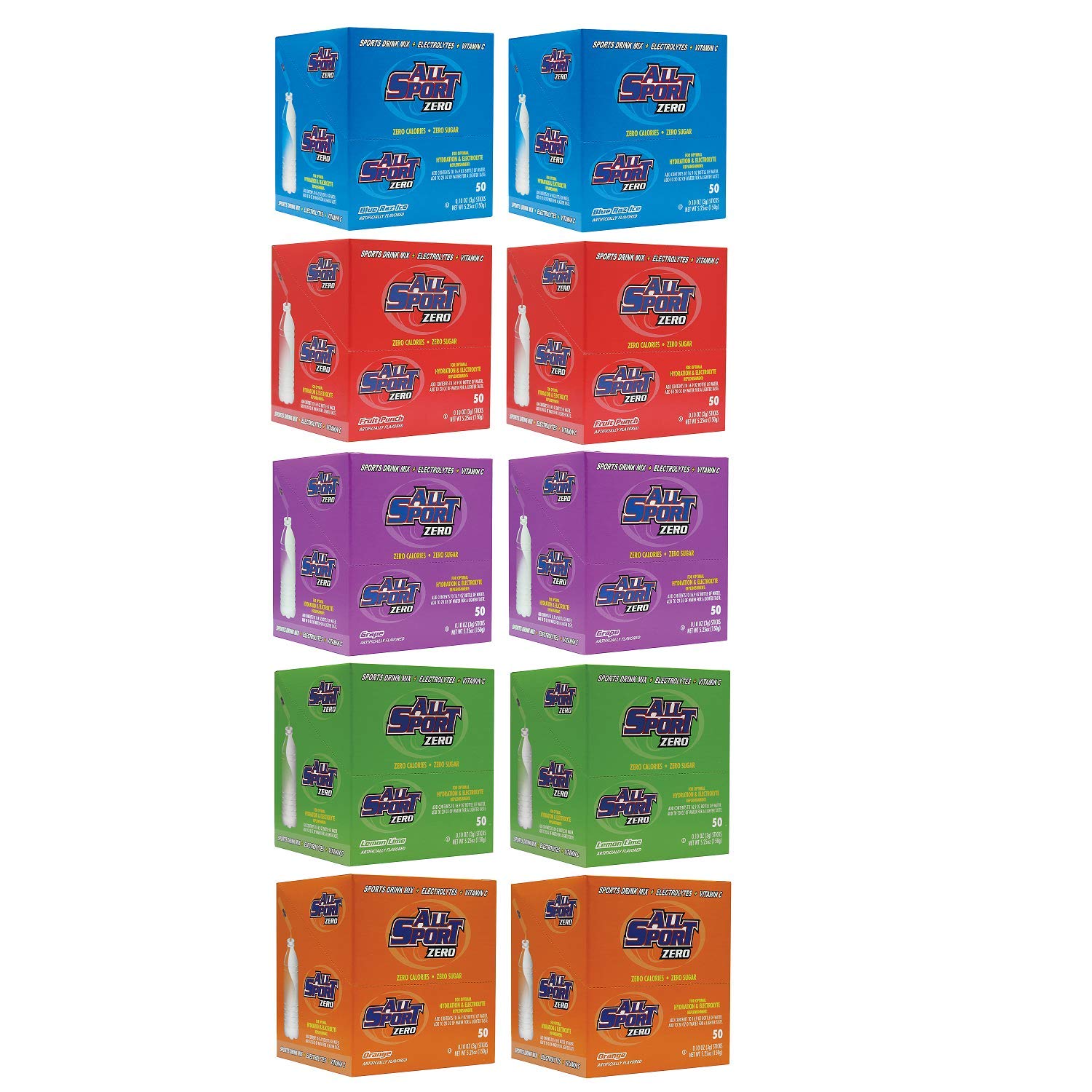 All Sport Zero Powder Sticks Variety Pack - 500 Count (10 Boxes of 50) | Electrolyte Hydration for Athletes, Gym Workouts & Outdoor Activities