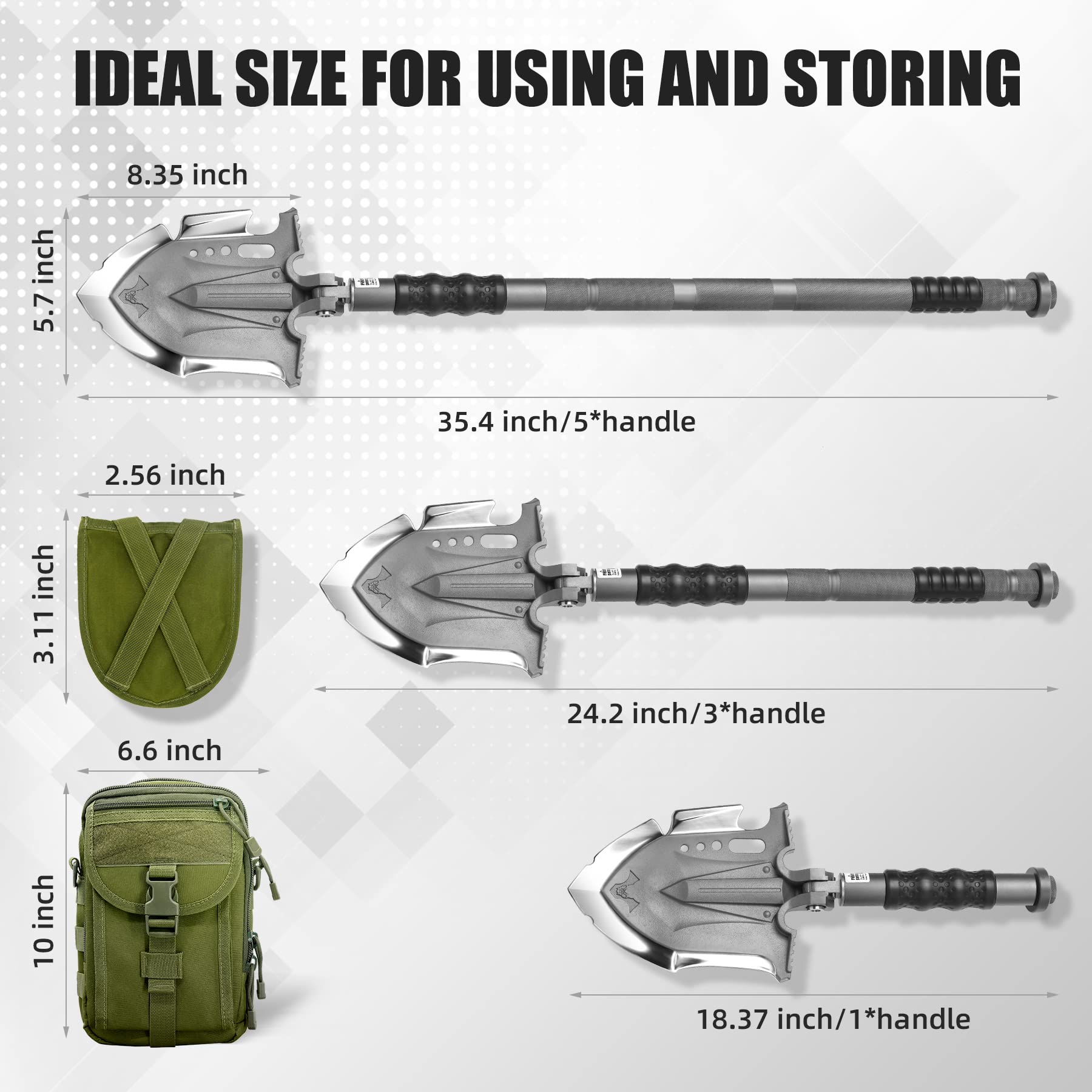 28-in-1 Zune Lotoo Survival Shovel Multitool - Tactical Camping Folding Shovel with Unbreakable Martensitic Steel, Adjustable 7 Angles (24-35.4 Inches) - Compact Outdoor Gear for Hiking, Camping, Emergency & Survival Situations