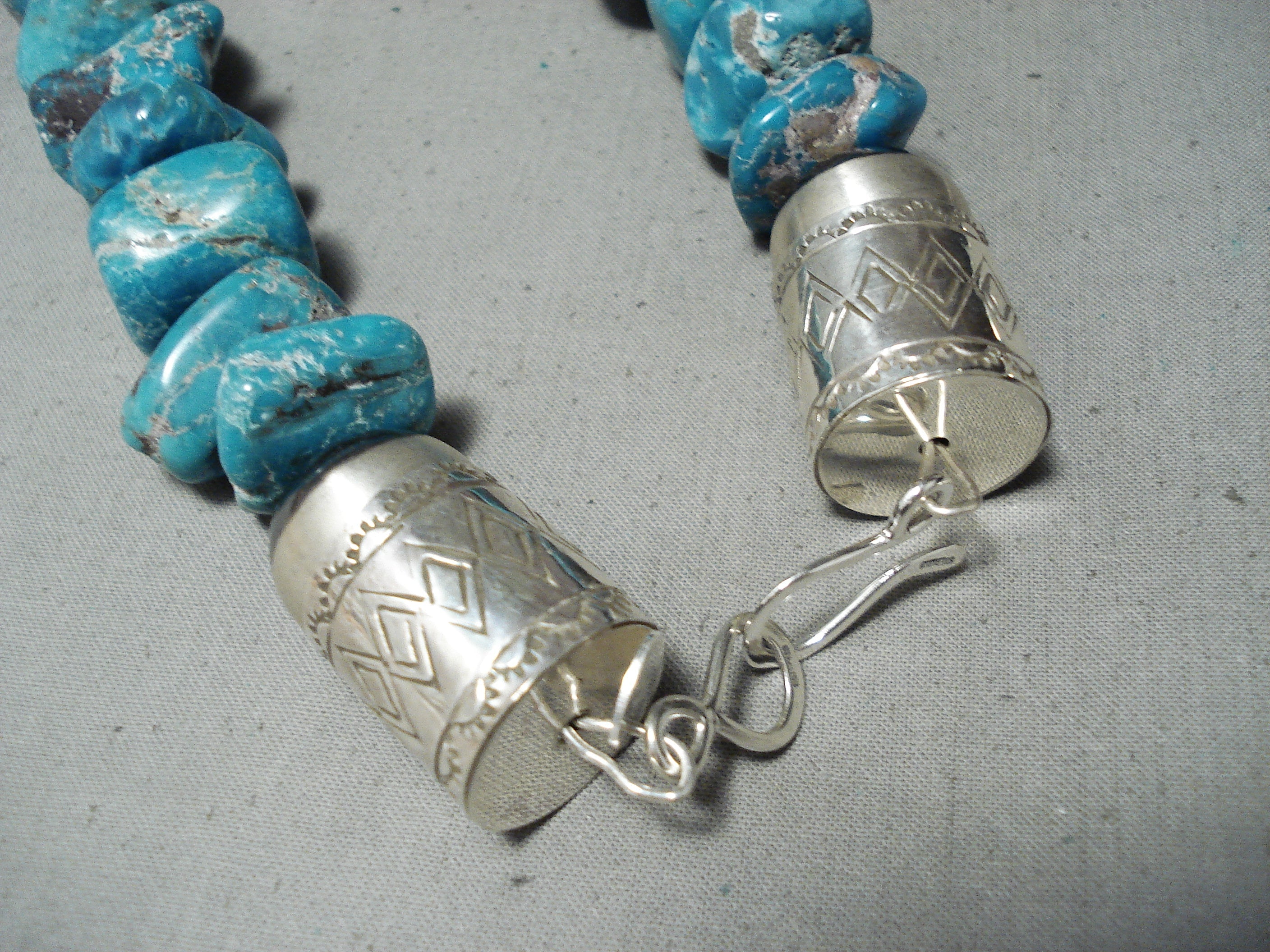 298 Grams Heavy Turquoise Nugget Native American Navajo Sterling Silver Tubule Necklace - Handmade Jewelry for Women, Boho Chic Accessory, Perfect for Festivals & Special Occasions