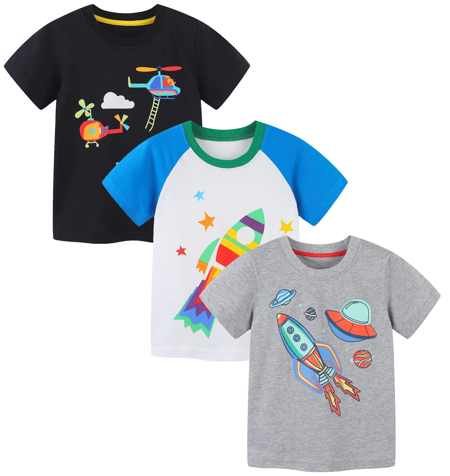 HILEELANG Boys Long Sleeve Graphic Cotton T-Shirts 3 Pack - Soft Crewneck Casual Tees for School, Play & Everyday Wear | Toddler to Kids Sizes