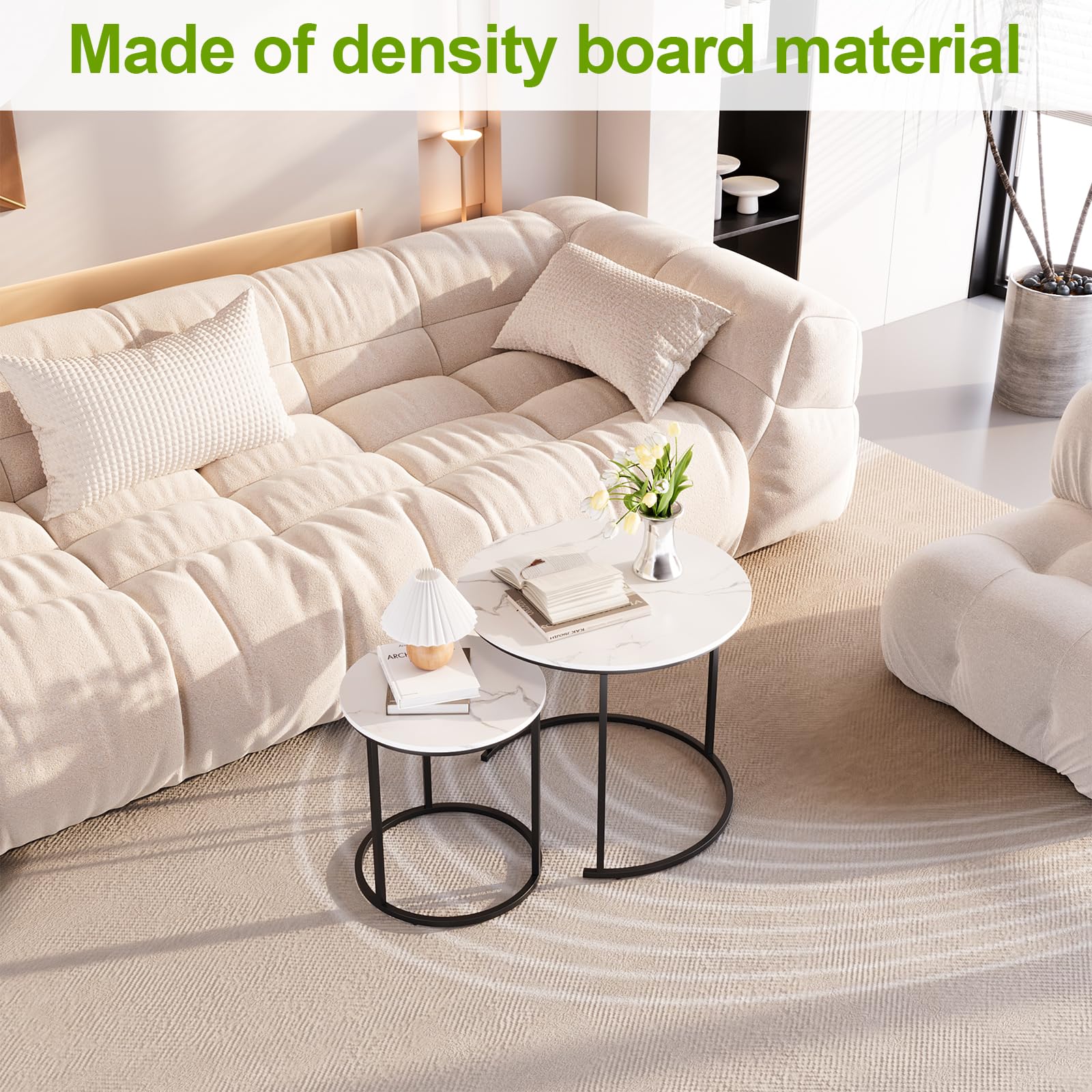RRG Coffee Table Nesting Set of 2 - Black Frame & Round White Marble Wood Side Tables, Industrial End Tables for Living Room, Bedroom, Apartment, Balcony & Yard - Perfect for Small Spaces, Coffee Time & Home Decor