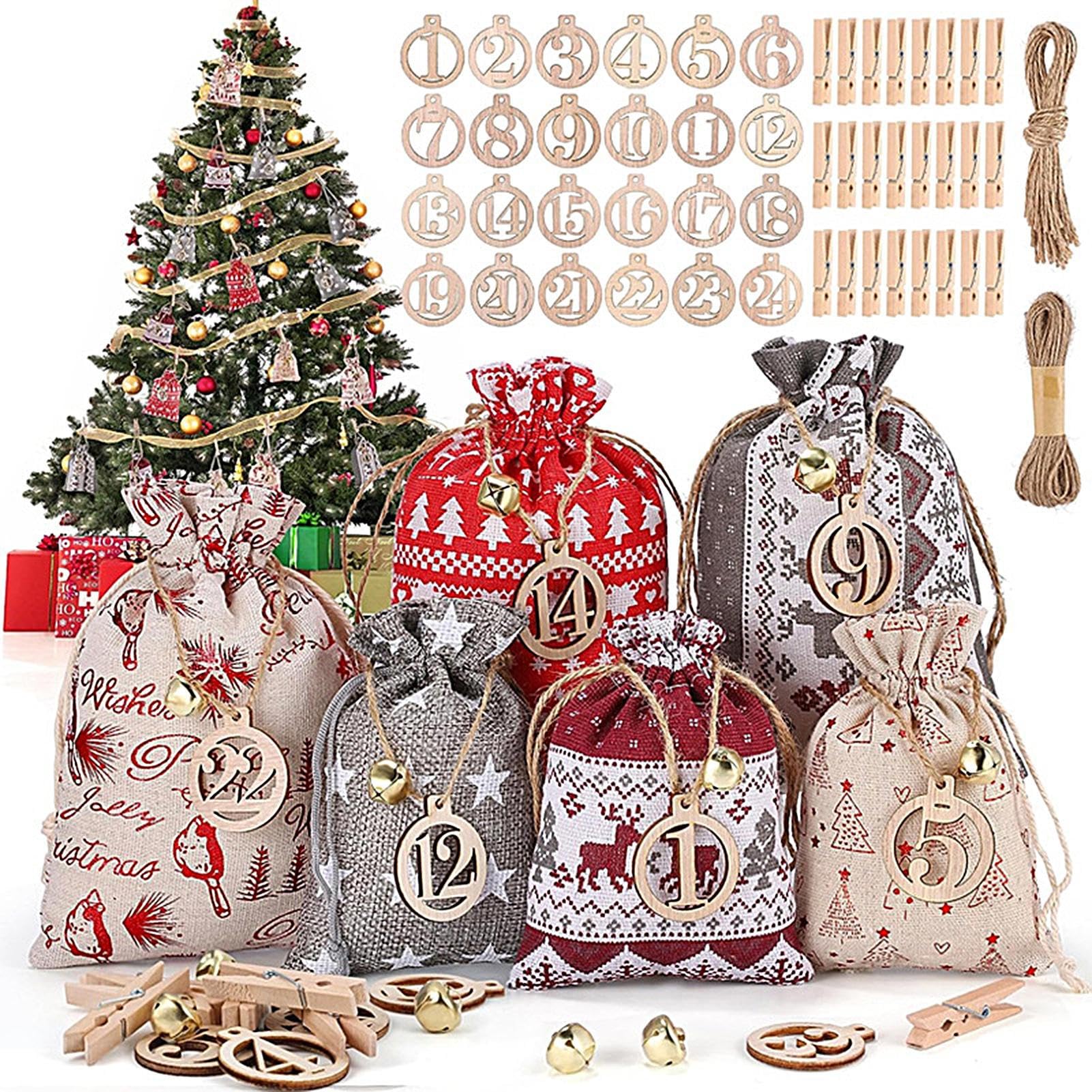 24-Piece DIY Jute Fabric Advent Calendar Bags Set with Clip & Rope - Fillable Christmas Countdown Bags for Holiday Decorations, Gift Wrapping, and Festive Party Favors
