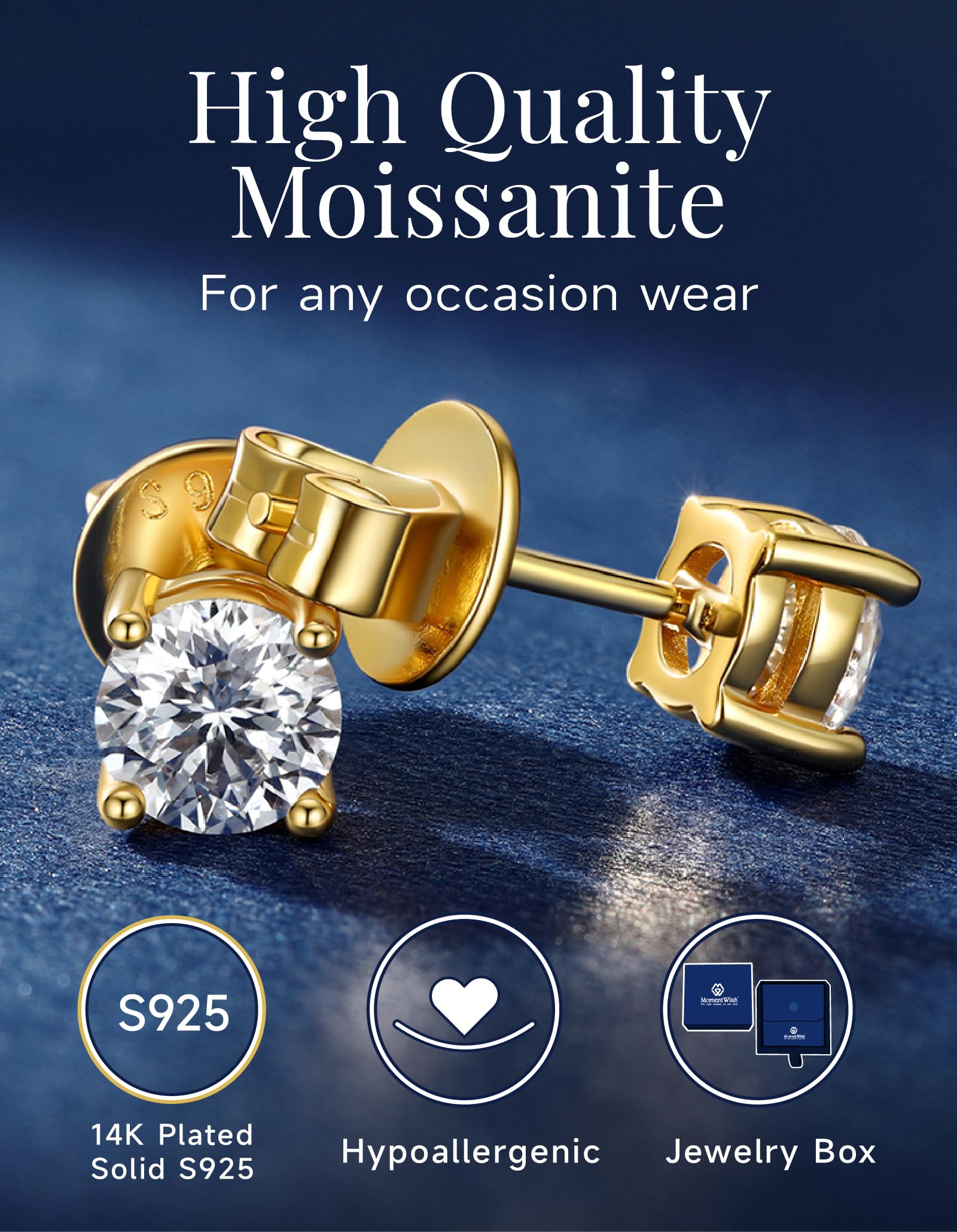 14K Gold Plated Moissanite Stud Earrings for Women - 1-2 Carat Lab Created Diamond Earrings in Yellow/Rose Gold & 925 Sterling Silver - Perfect Birthday Gift, Anniversary Present & Everyday Elegance Jewelry