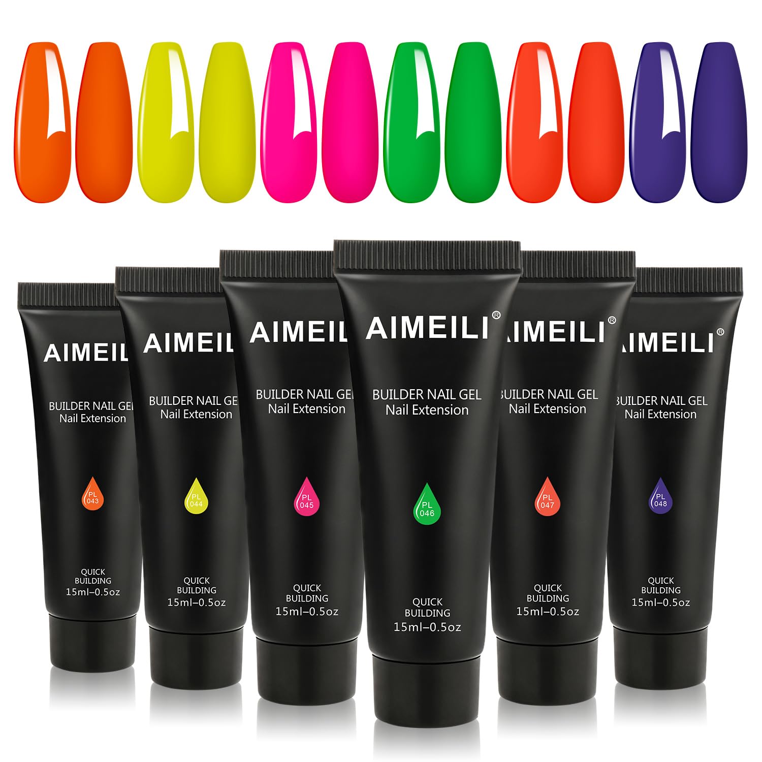 AIMEILI Builder Gel Kit - 6 Neon Colors, 15ml Acrylic Gel for UV LED Nail Enhancement | DIY Nail Art, Salon Quality Manicure, Long-Lasting Nail Extensions