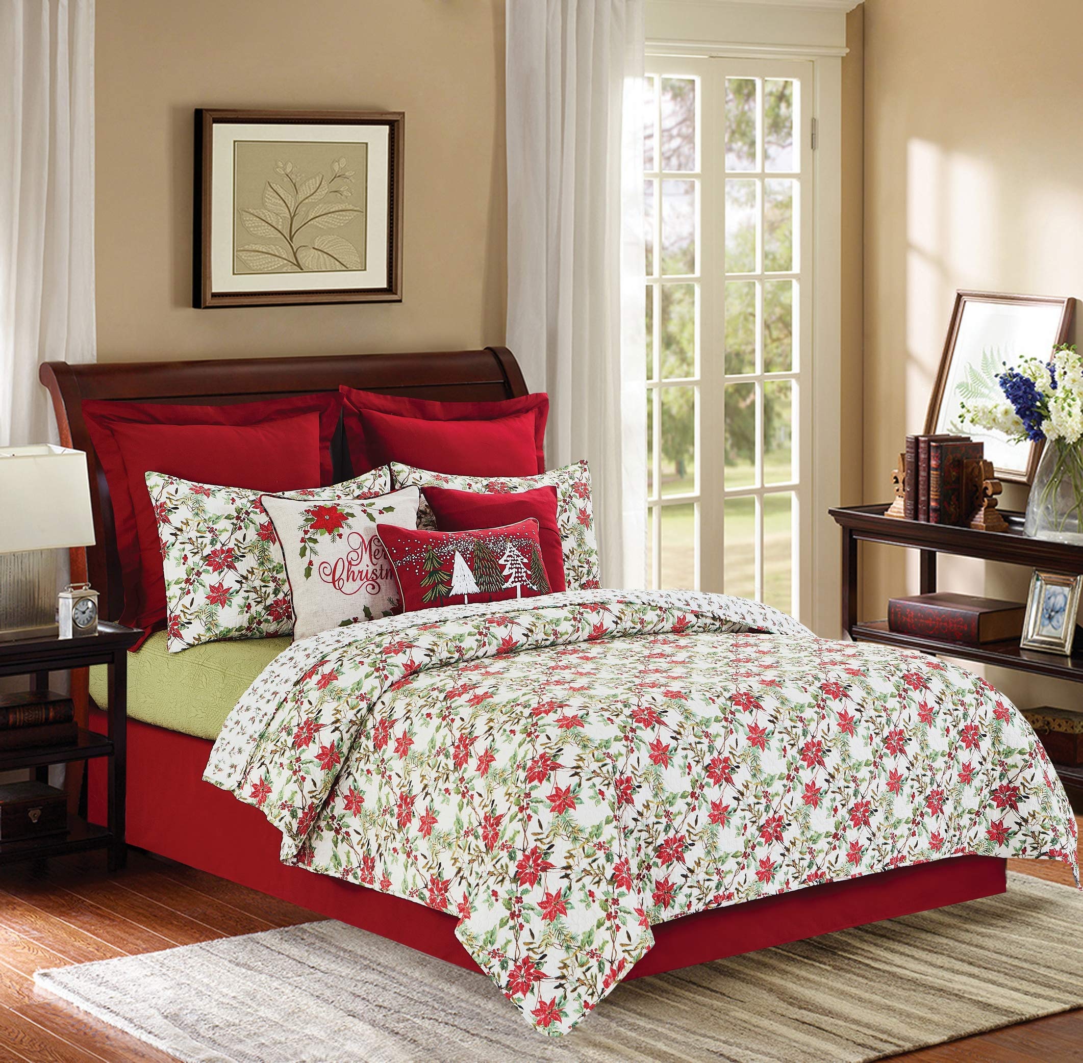 C&F Home Eve Reversible King Quilt Set - Red & Green Botanical Holly Sprig Christmas Design - 3 Piece Bedding Set for Holiday Decor (King Size) - Perfect for Festive Bedroom Makeover and Winter Home Styling