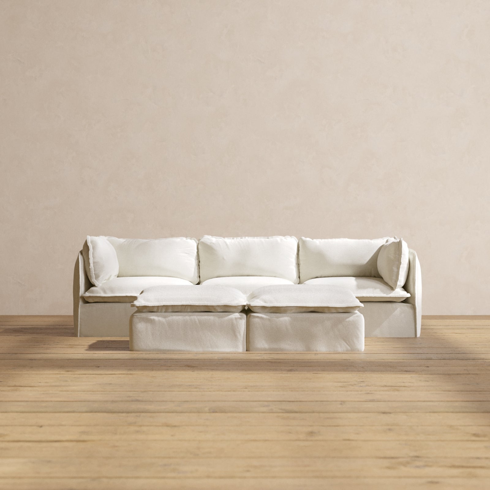 Modular Performance 3-Seater Sofa with Bench Ottoman in Eggshell White | Relaxed Blend Fabric | Perfect for Living Room, Family Room & Home Theater
