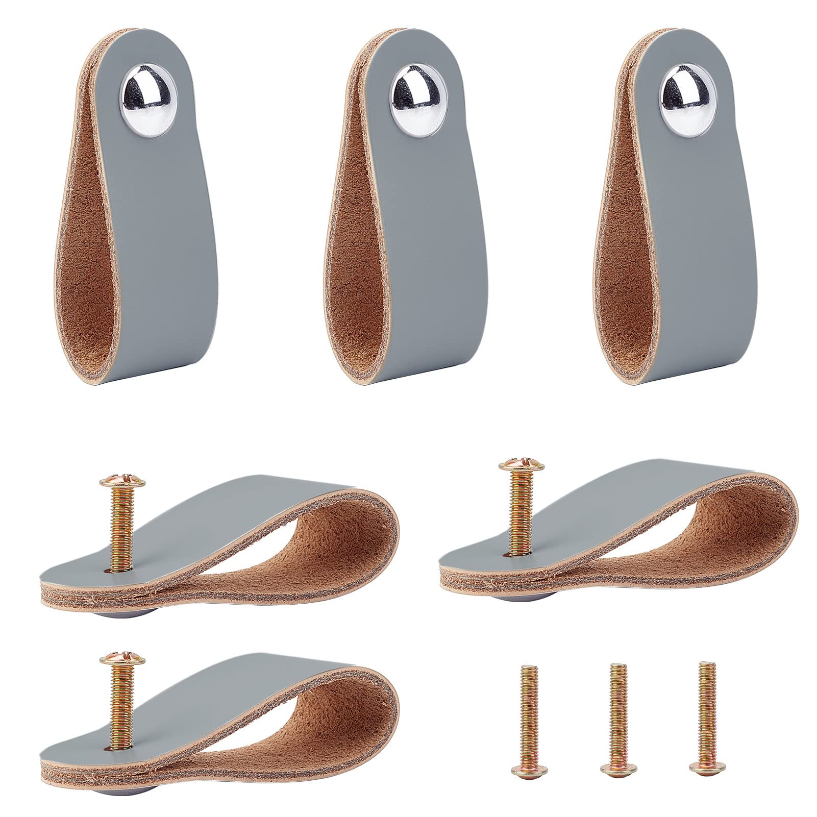GORGECRAFT 6Pcs Nordic Style Single Hole Cabinet Drawer Pulls, 141x24.5mm Gray Leather Handles for Dresser, Wardrobe & Furniture - Perfect for Modern Home, Bedroom & Office Decor