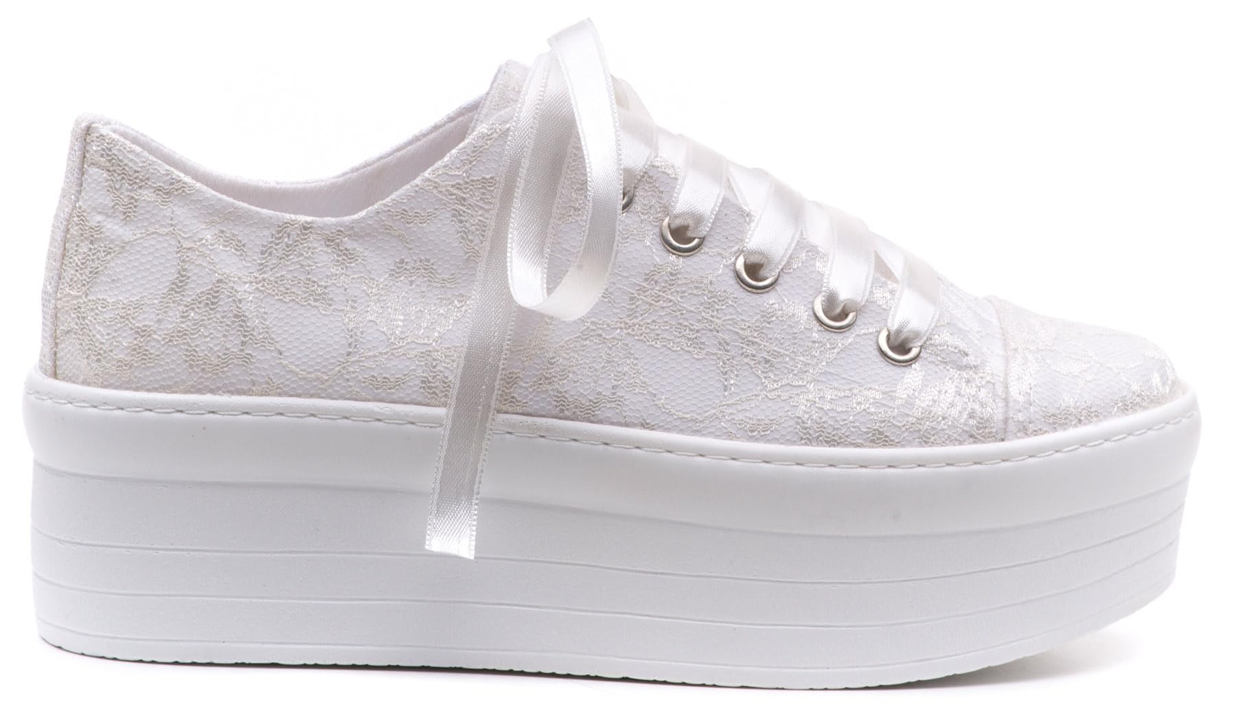 Personalized Bridal Wedding Sneakers for Bride - Lace Platform Tennis Shoes with Flat Sole (Size 38 EUR / 7.5 US) - Perfect for Wedding Ceremony, Reception & Honeymoon Travel