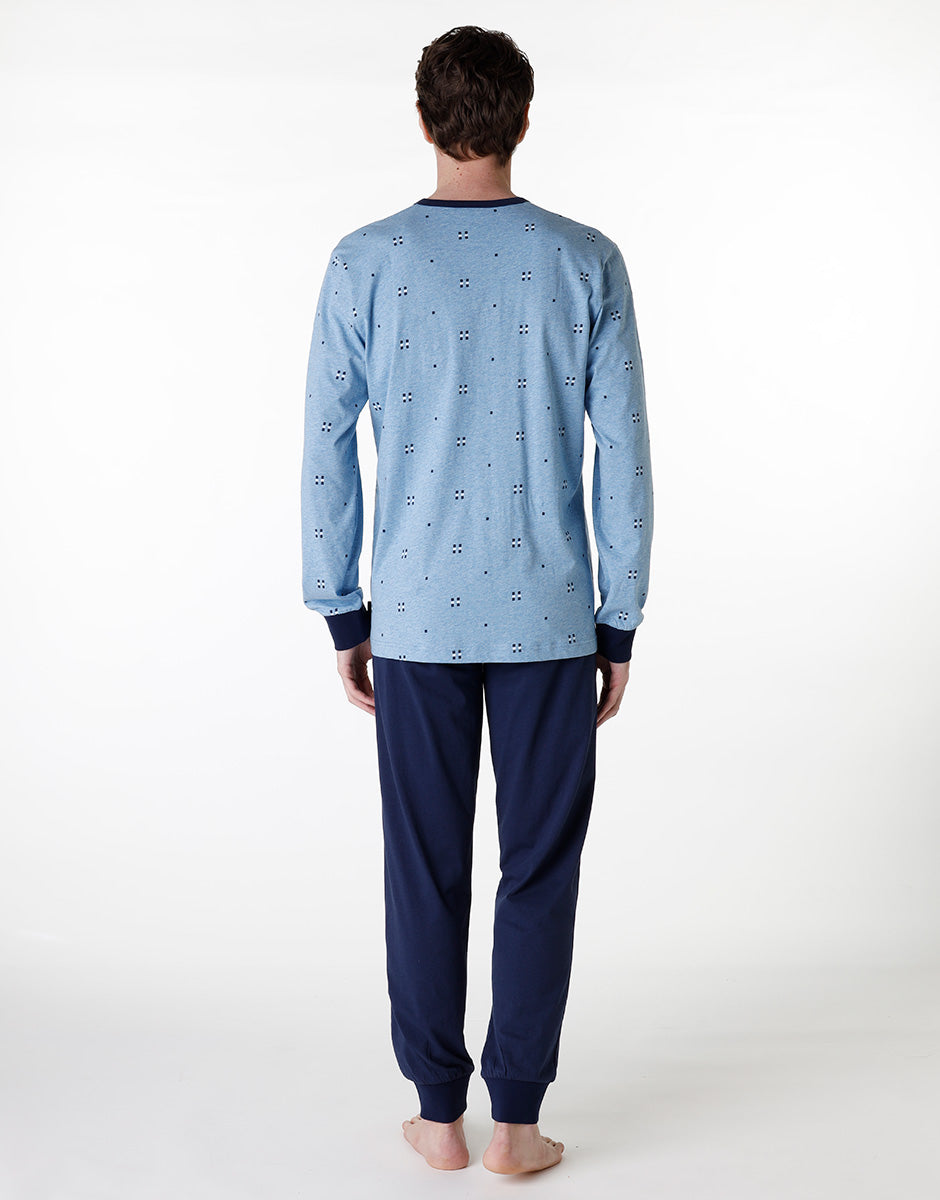 Men's Long Serafino Pajama Set in Blue Striped Jersey - Perfect for Relaxing at Home & Comfortable Sleepwear
