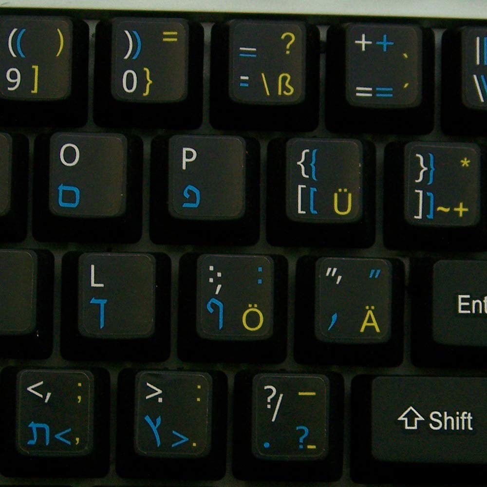 Hebrew German English Keyboard Stickers - Black Background Non-Transparent Labels for Multilingual Typing (Perfect for Language Learners, Programmers & Office Work)