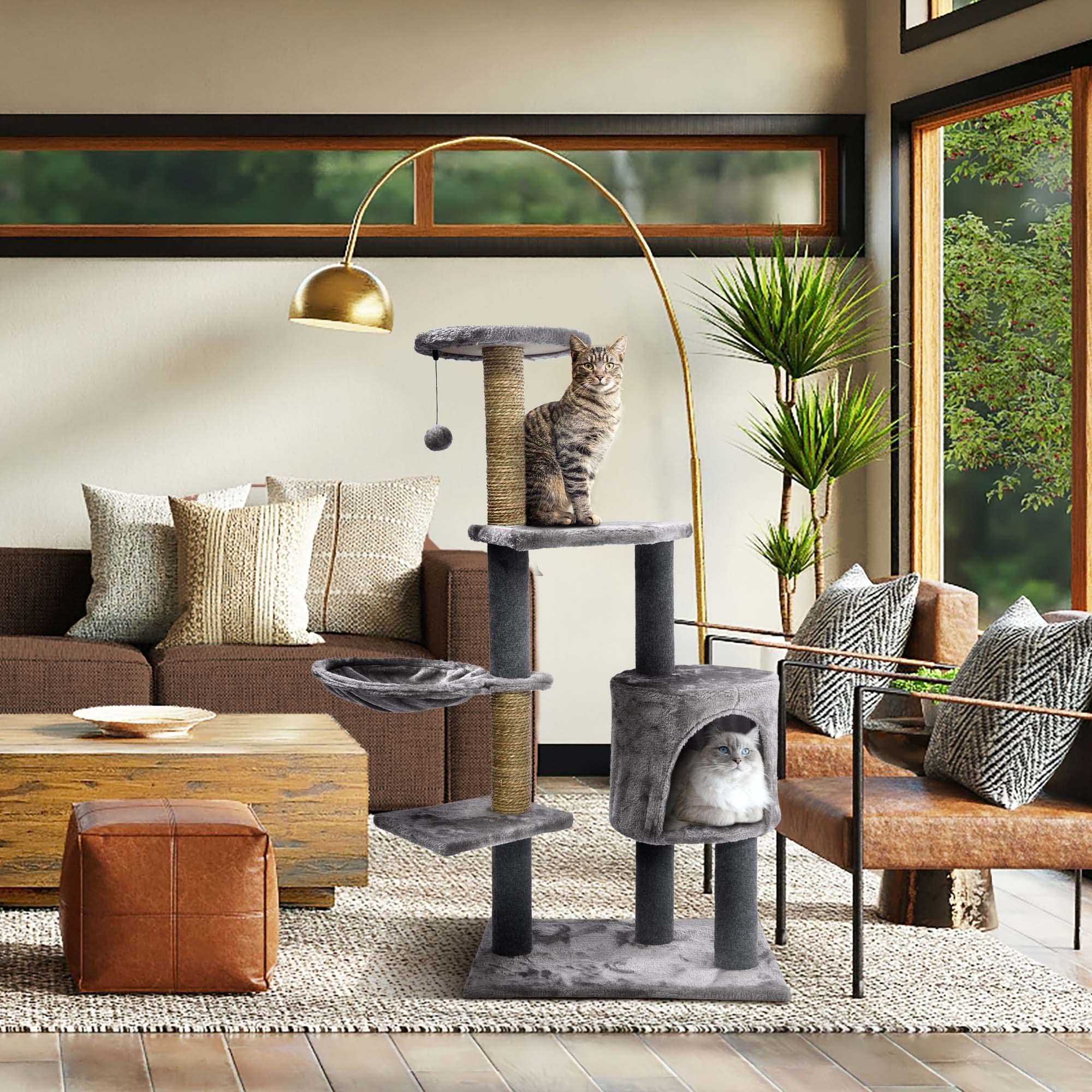 Premium 6-Level Cat Activity Tree with Plush & Seagrass - Multi-Level Scratching Post, Condo, Lounge Hammock & Hanging Toys for Indoor Cats - Perfect for Play, Rest & Climbing (Grey) - Ideal for Small Spaces & Cat Enrichment