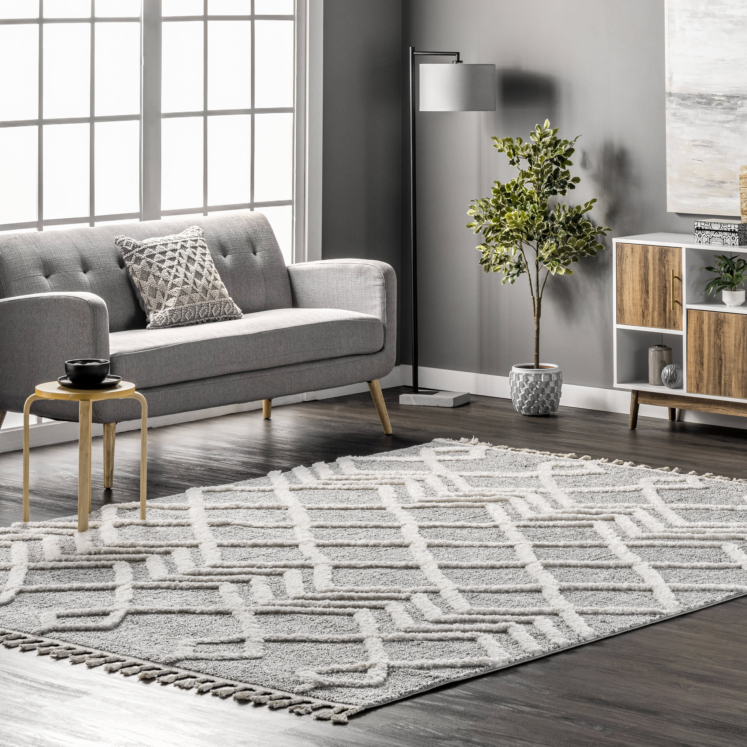 Amber Trellis Textured Rug - Soft Grey Bohemian Area Rug for Living Room, Bedroom & Home Decor