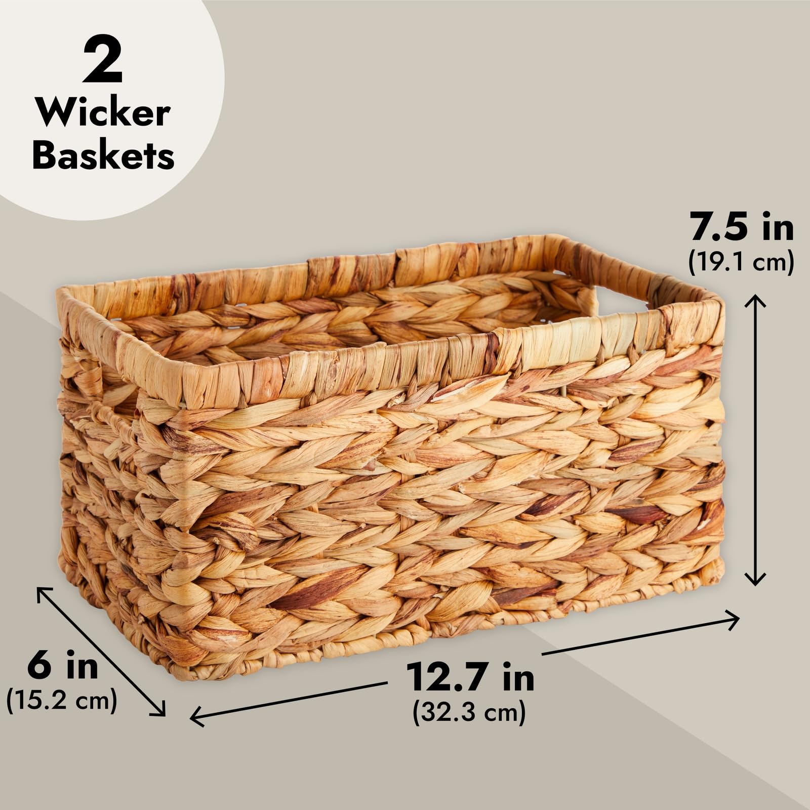 2 Pack Small Rectangular Wicker Baskets - 6 Inch Wide Handwoven Water Hyacinth Storage Bins for Shelves | Perfect for Home Organization, Bathroom & Kitchen Storage, Decorative Display