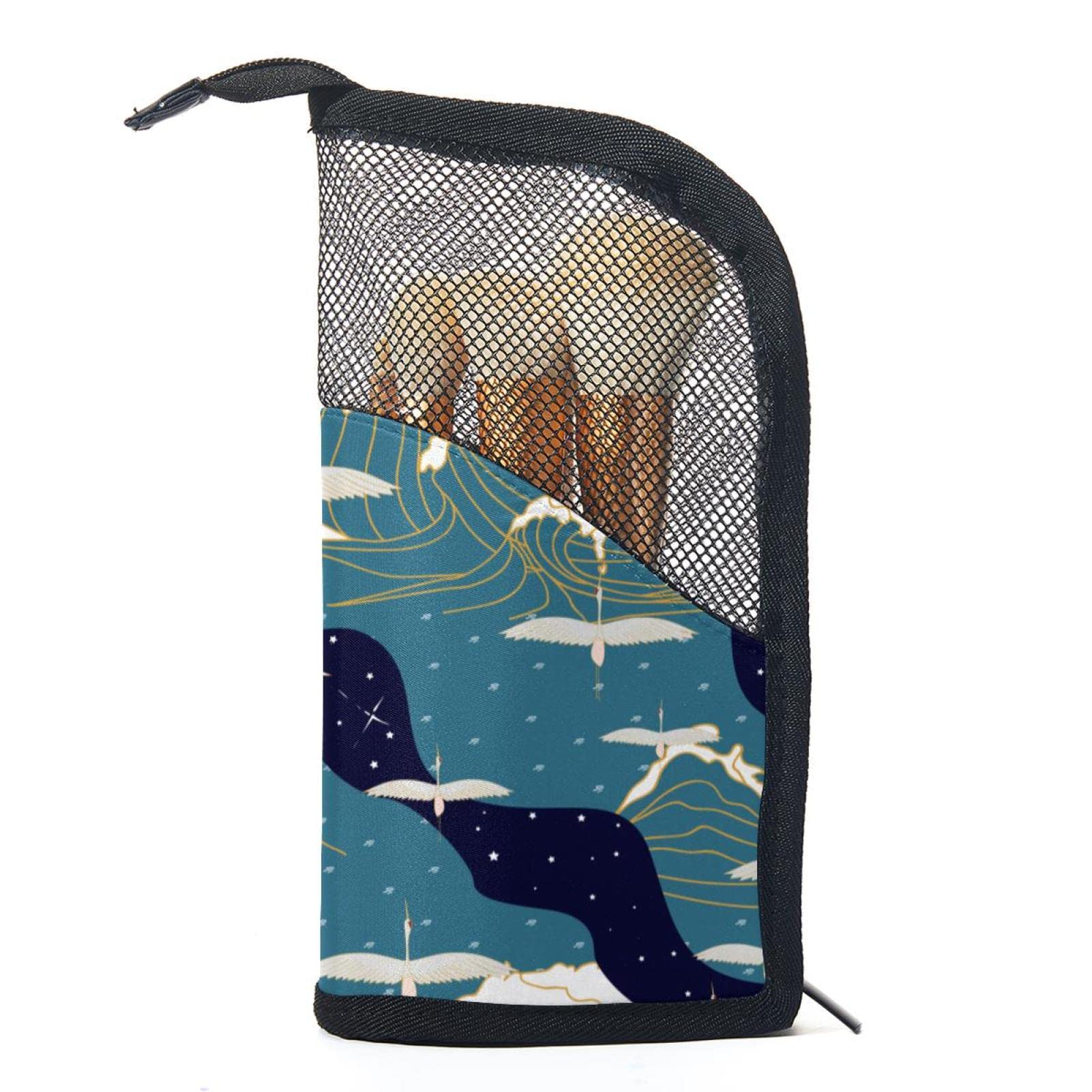Premium 12-Slot Makeup Brush Organizer Bag - Elegant Bird & Crane Sea Wave Design, Portable Travel Cosmetic Brush Holder Case for Professional Artists & Home Use