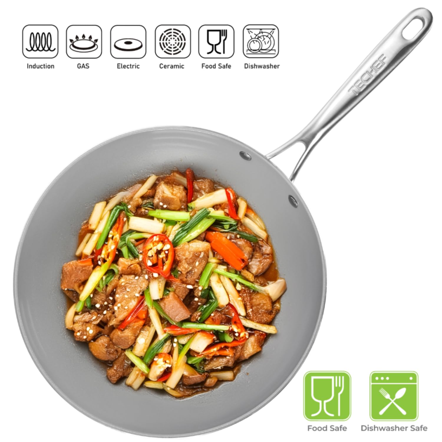 TECHEF CeraTerra 12-Inch Ceramic Nonstick Wok Pan - PFOA, PTFE & PFAS Free, Oven & Dishwasher Safe, Flat Bottom Stir Fry Pan - Made in Korea - Perfect for Asian Cooking, Sautéing & Healthy Meal Prep