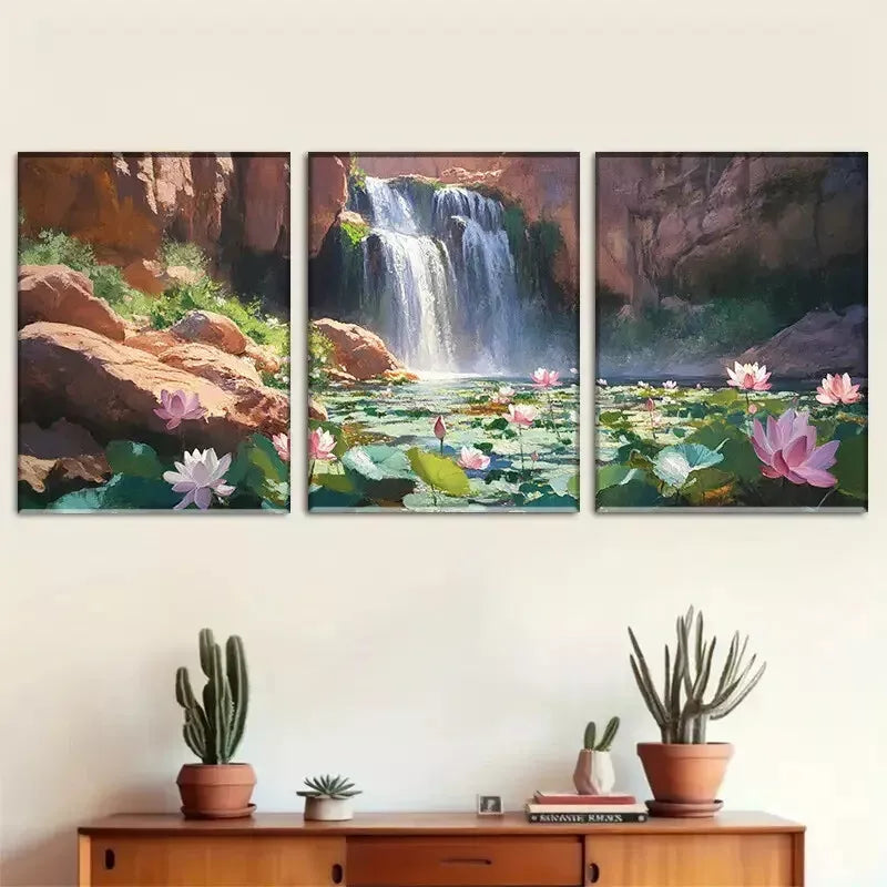 3-Piece Natural Waterfall and Lotus Landscape Wall Art Set - Framed Canvas Prints 40x60cm (16x24in) - High Quality Australian Made Wall Decor - Perfect for Living Room, Bedroom & Office Decoration