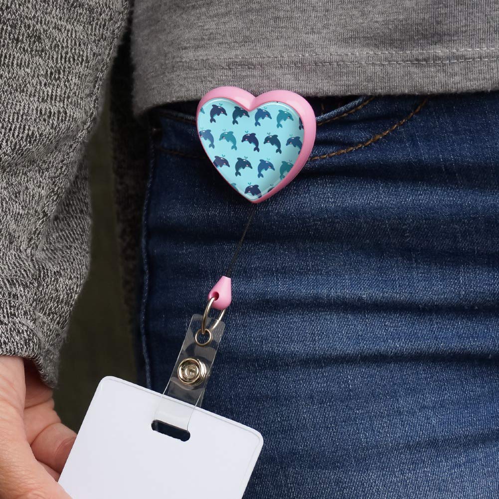 Cute Kawaii Dolphins Pattern Heart Lanyard - Retractable Reel Badge ID Card Holder for Work, School & Events | Durable & Stylish Accessory