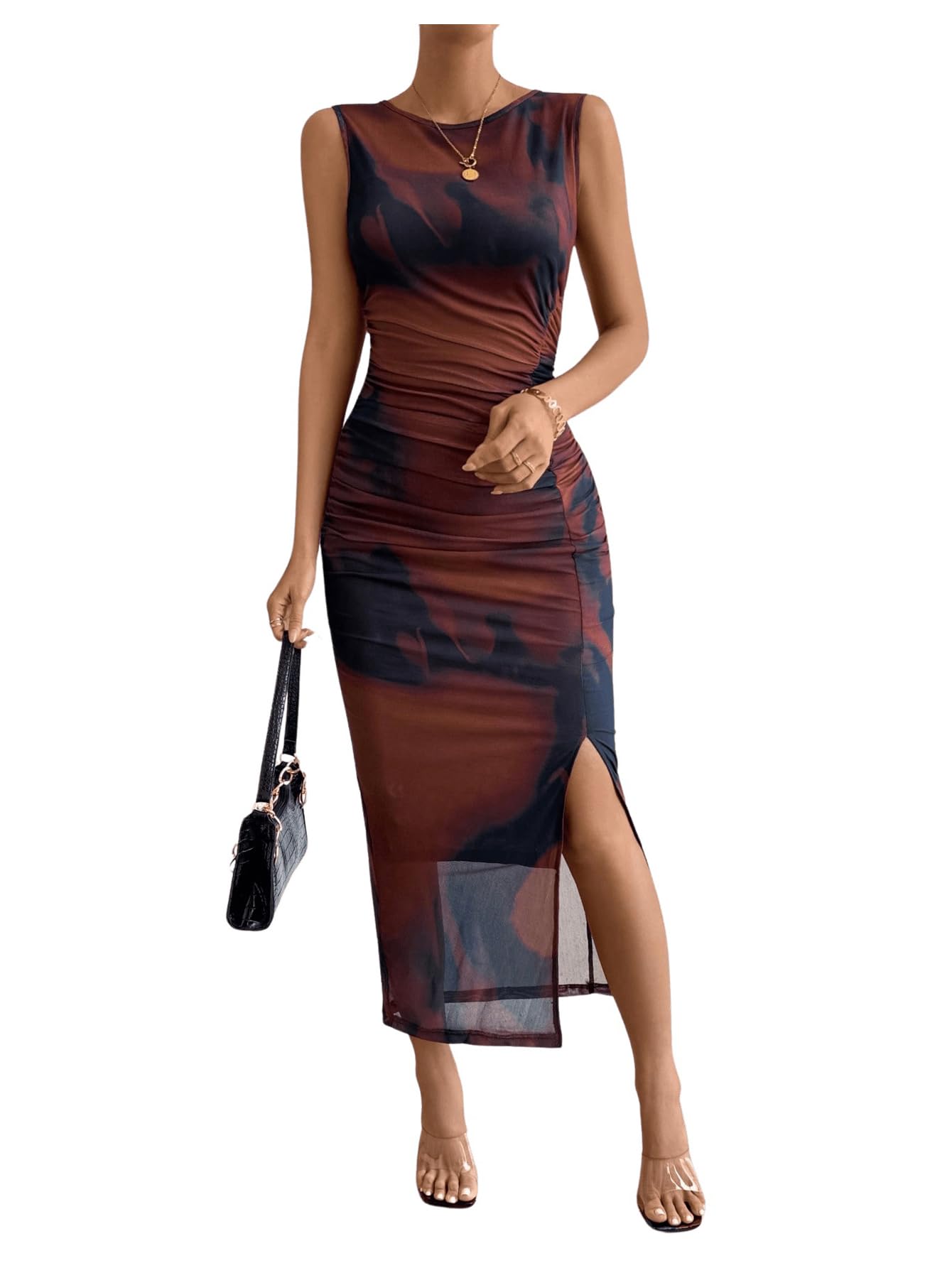 Milumia Women's Tie Dye Mesh Bodycon Maxi Dress - Sleeveless Crew Neck Long Summer Dress for Beach, Party & Casual Wear