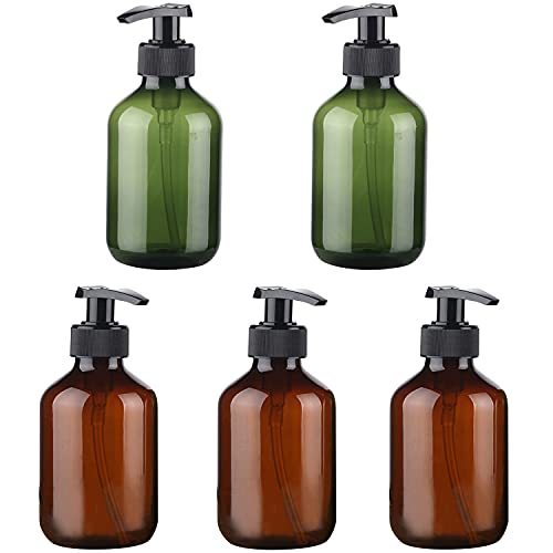 10oz Plastic Pump Bottles Dispenser - 5 Pack Refillable Containers for Massage Oil, Lotion & Liquid Soap (Amber & Green) | Perfect for Salons, Spas & Home Bathroom Organization