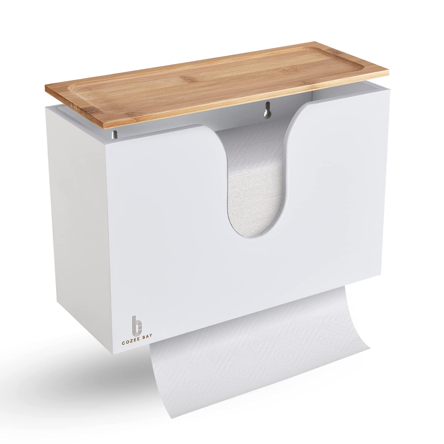 Eco-Friendly Bamboo Paper Towel Dispenser with Lid - Wall Mount or Countertop Holder for Multifold, C Fold, Z Fold & Trifold Towels - Perfect for Kitchen, Bathroom & Commercial Use (White)