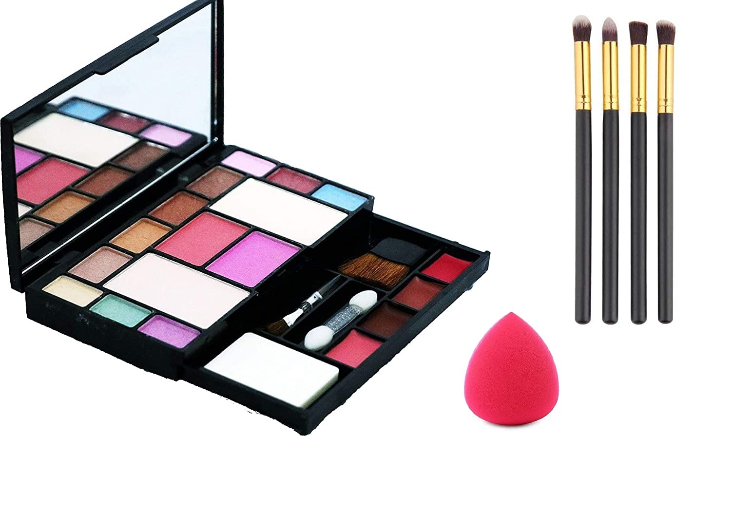 FOOZBY 6171 Complete Makeup Kit - 4Pcs Black Eyeliner, Lipstick, Eyeshadow with Makeup Brushes & Blender Puff | Perfect for Professional Makeup, Daily Beauty Routine & Travel Essentials