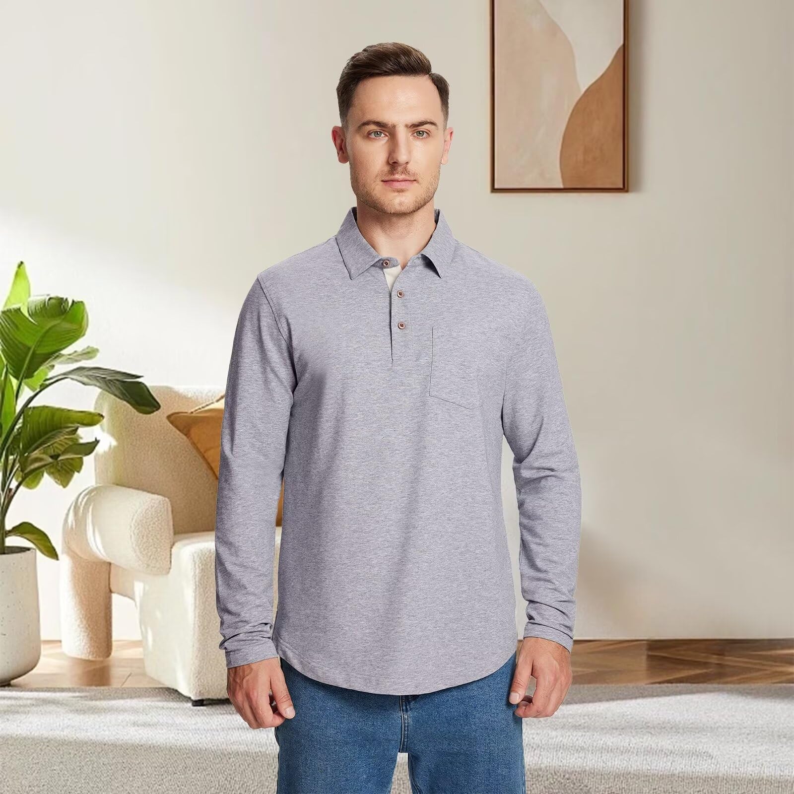 Men's Long & Short Sleeve Polo Shirts - Breathable Cotton Blend Casual Shirts with Pocket & Drop Cut Collar | Perfect for Golf, Office & Everyday Wear