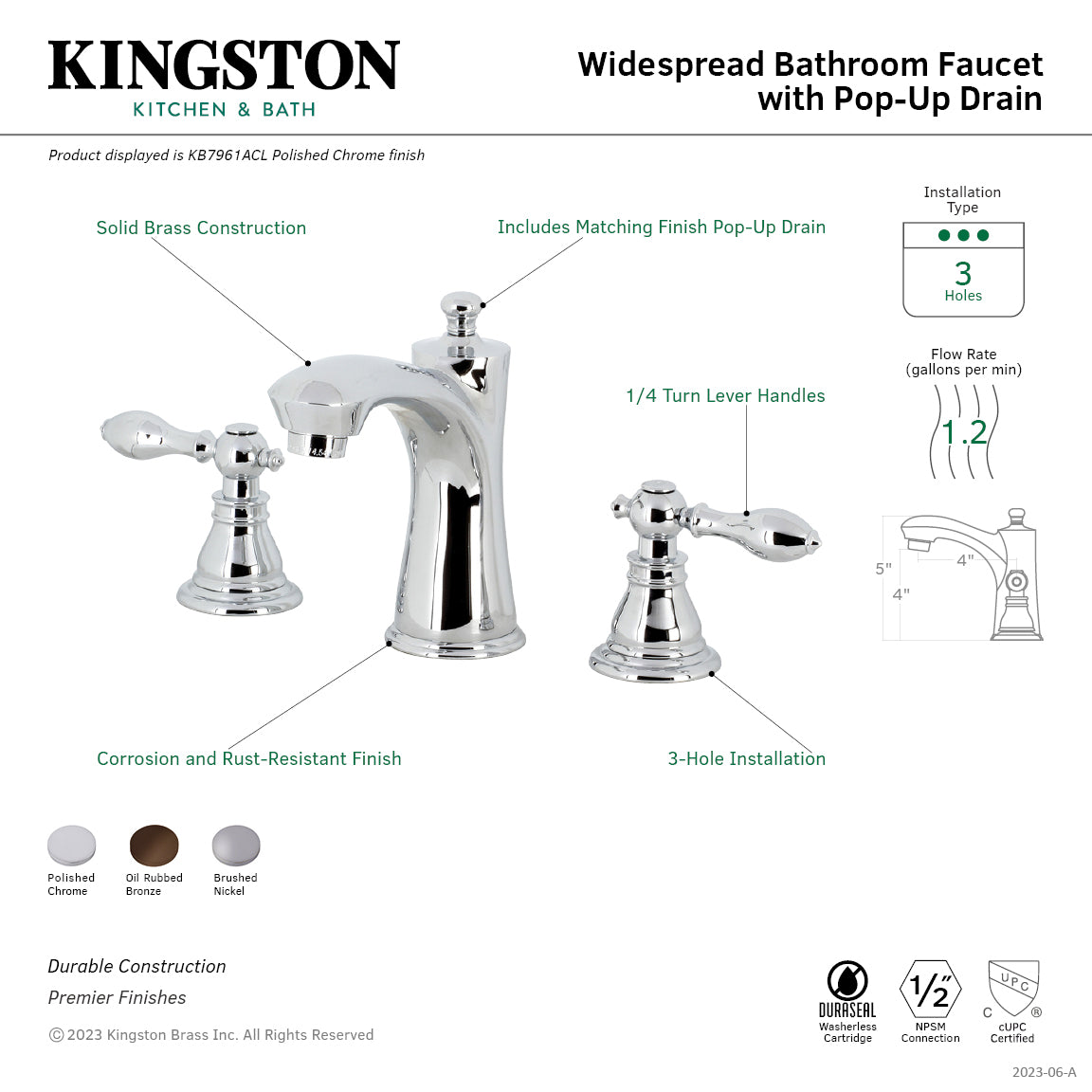 American Classic KB7961ACL 3-Hole Widespread Bathroom Faucet - Two Handle Deck Mount with Pop-Up Drain - Polished Chrome Finish - Perfect for Modern Bathroom Vanities and Sinks