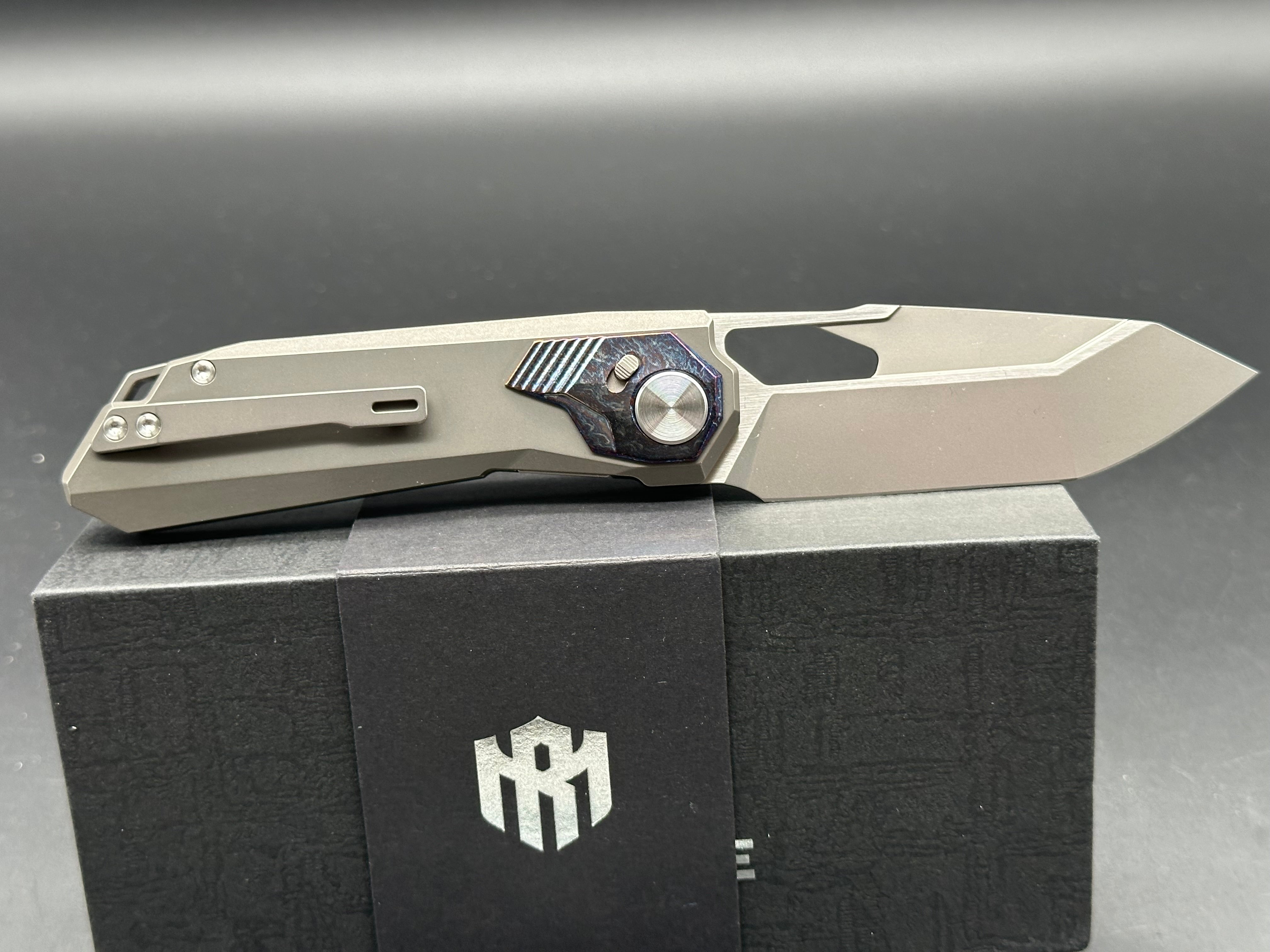 REMETTE RT Peregrine Falcon Titanium & Color Inlay Handle M390 Reverse Tanto Plain Edge Knife - Outdoor Survival, Hunting, Camping & EDC Gear