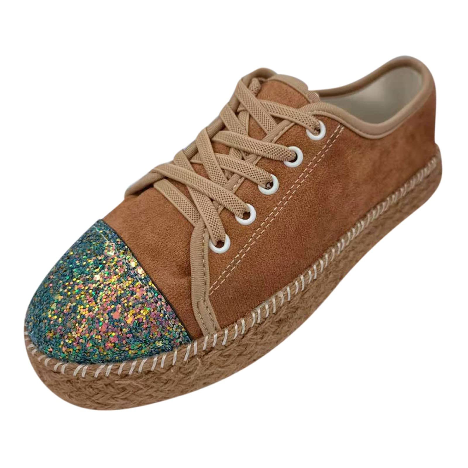 **Women's Casual Comfortable Lace-Up Flat Shoes with Round Toe & Sequin Details - Breathable Yellow Sneakers for Everyday Wear, Walking & Fashion Outfits**