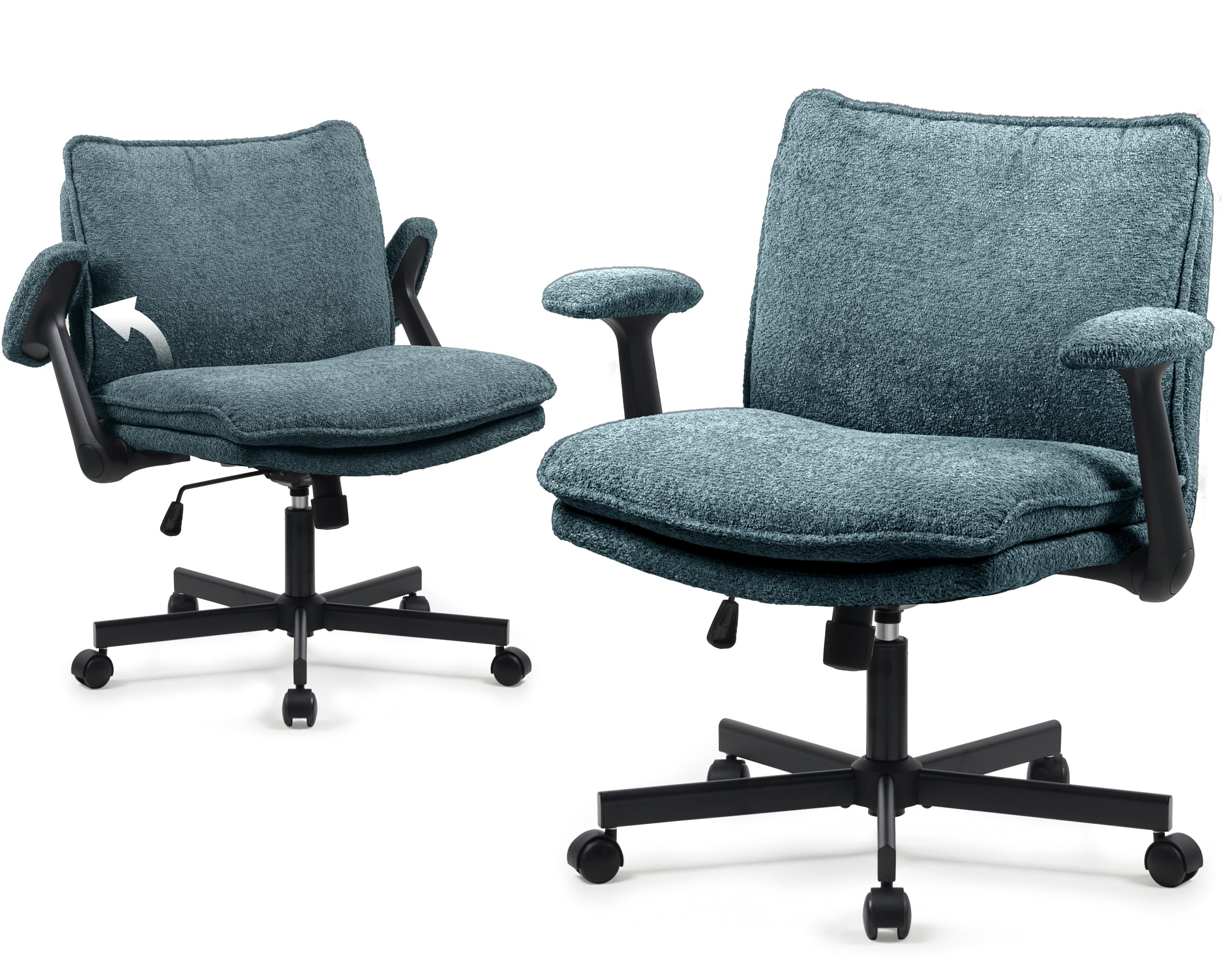 Ergonomic Cross Legged Office Chair with Wheels - Upholstered Criss Cross Desk Chair with Flip-Up Armrests - Wide Seat Home Office Chair for Working, Studying & Vanity - Dark Green Modern Design for Small Spaces & Apartments