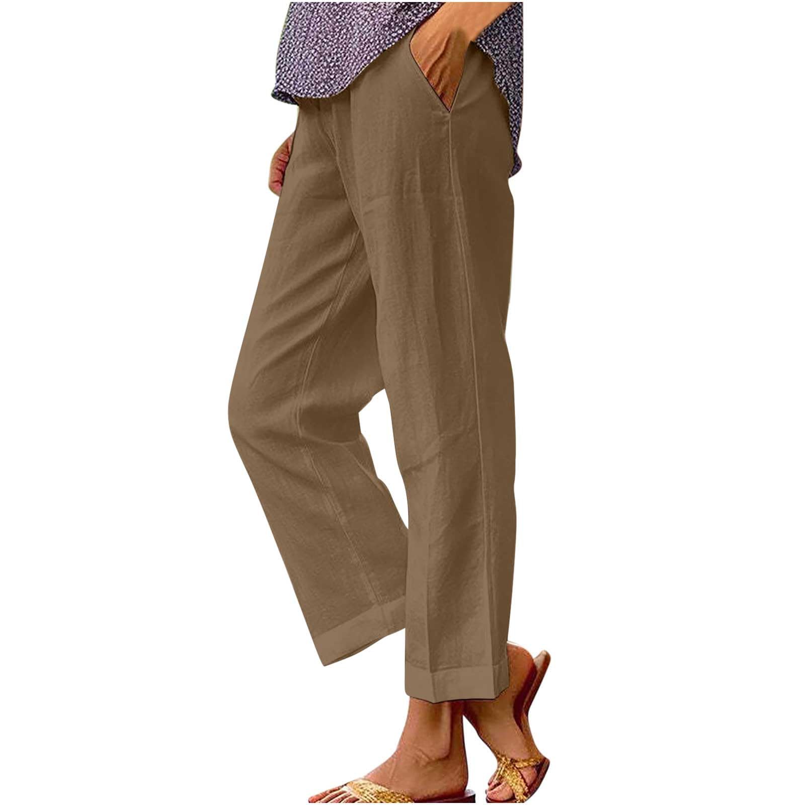 Women's Cropped Linen Pants for Summer - Elastic Waist Straight Leg Beach Trousers - Plus Size Casual Pants for Vacation, Travel & Outdoor Activities