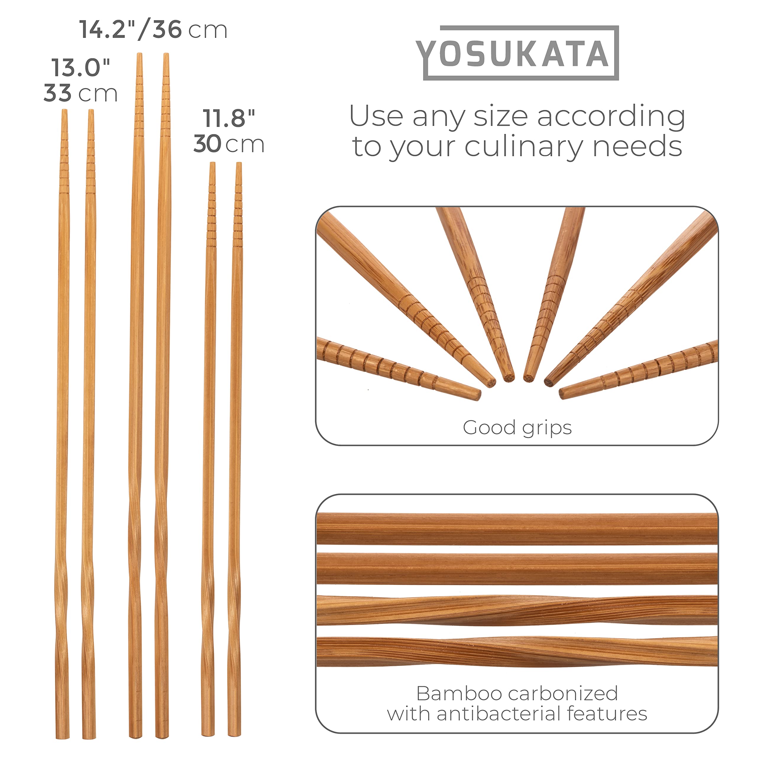 YOSUKATA 3-Pair Reusable Natural Wooden Cooking Chopsticks Set - 11.8