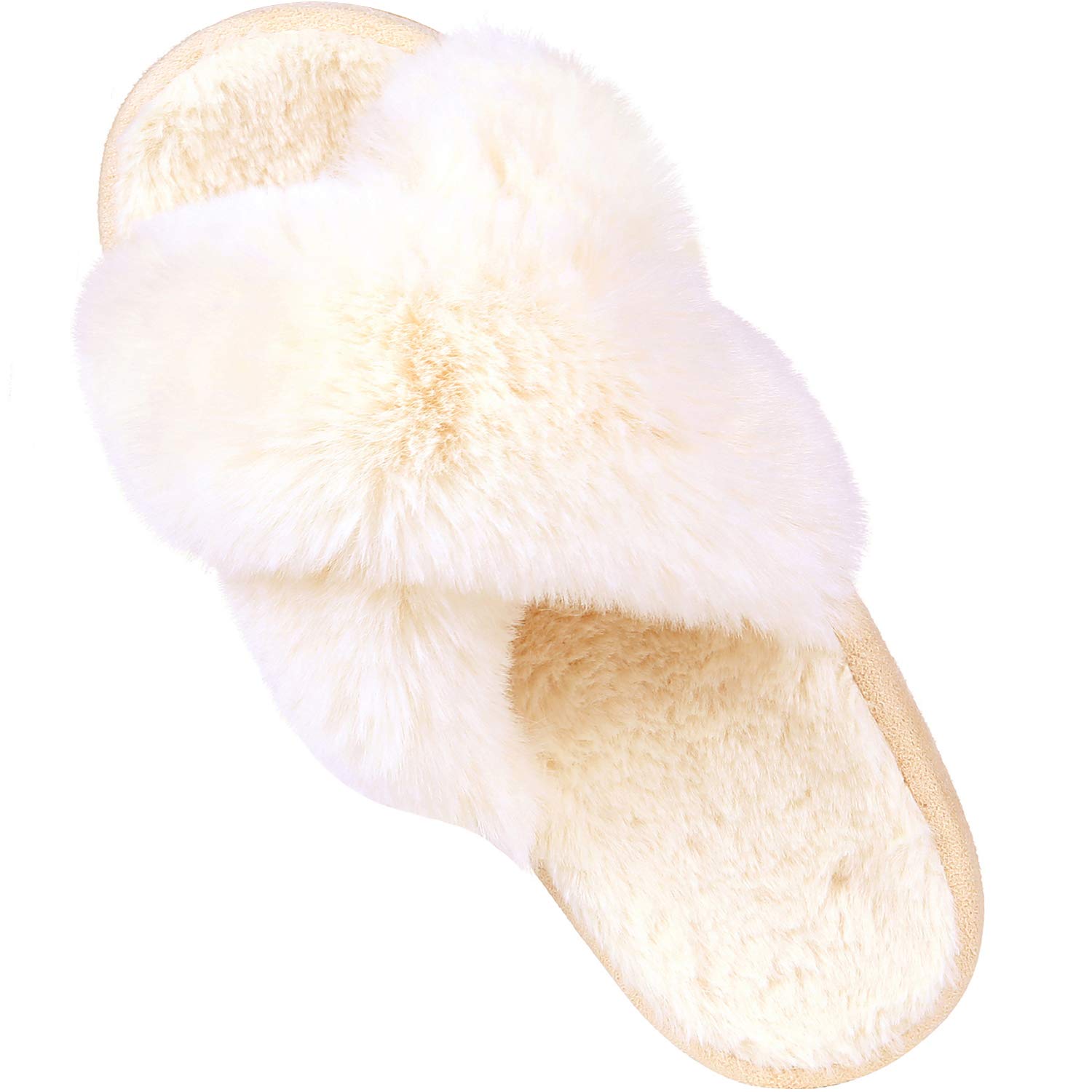 Comwarm Women's Fuzzy Cross Band Slippers - Soft Plush Open Toe House Shoes for Indoor & Outdoor Use - Cozy Bedroom Slippers for Relaxing at Home, Lounging & Spa Days