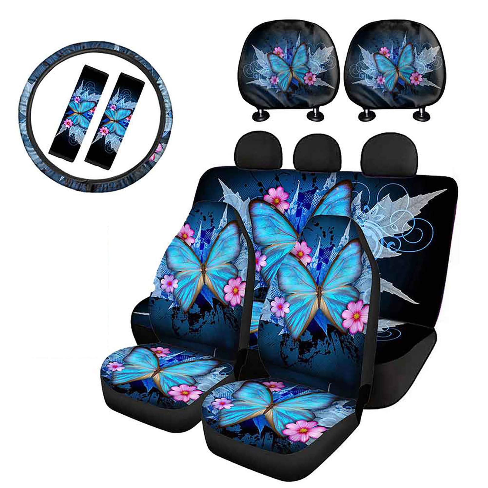 Babrukda 9-Piece Car Seat Cover Set - Full Front & Rear Seat Protectors, Steering Wheel Cover, Seat Belt Pads & Headrest Covers with Vintage Butterfly Maple Leaf Print - Universal Fit for Most Vehicles | Perfect for Daily Commute, Road Trips & Car Interior Protection