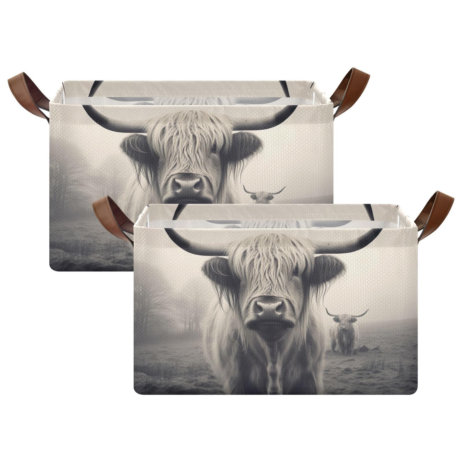 Highland Cattle Storage Bins 2 Pack - Collapsible Fabric Storage Baskets for Shelves, Closet & Office Organization - 32L Foldable Home Organizer with Handles - Perfect for Bedroom, Nursery & Laundry Room Storage