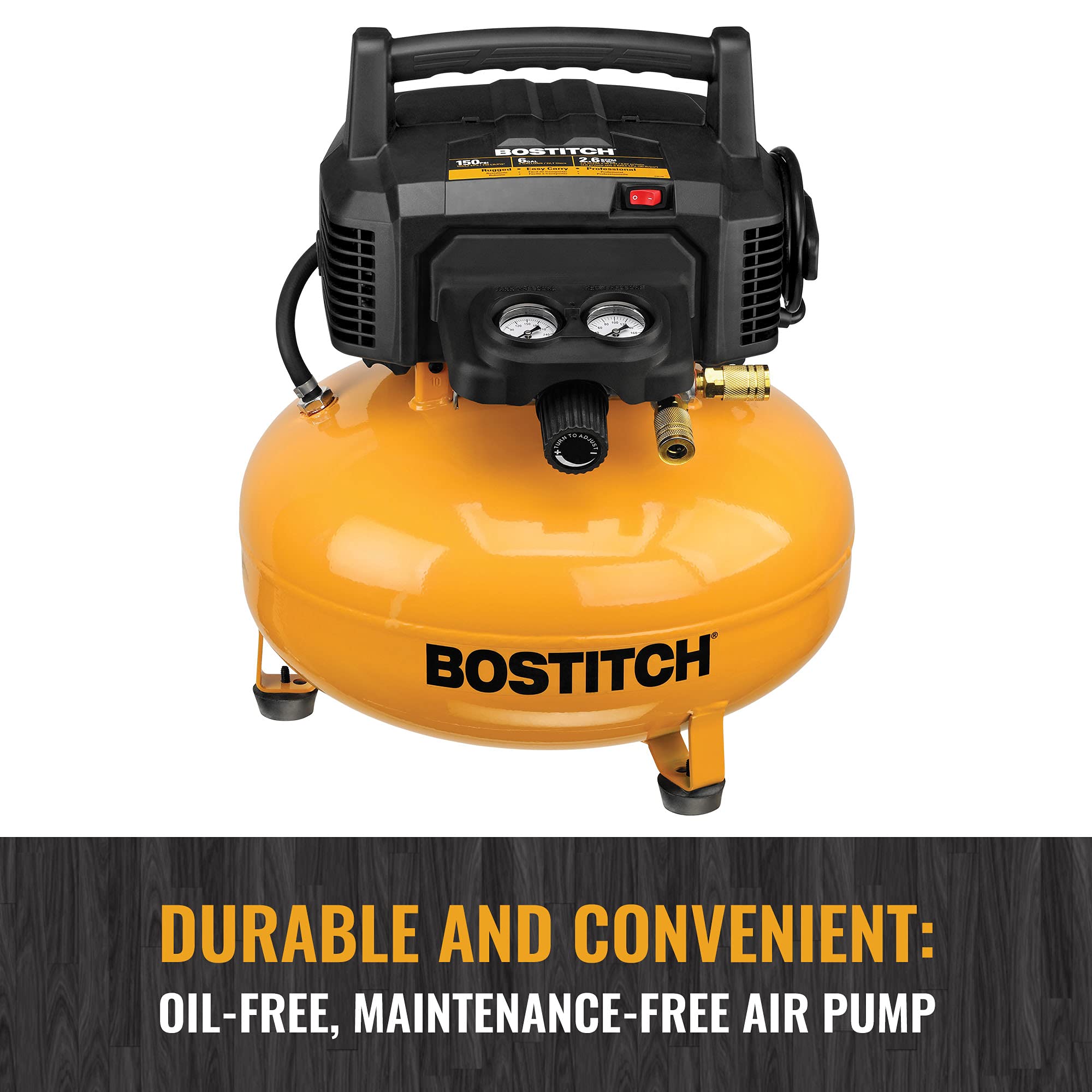 BOSTITCH BTFP02012-WPK 6 Gallon Oil-Free Air Compressor Kit - 150 PSI Portable Air Compressor for Nail Guns, Inflating Tires, and DIY Home Projects