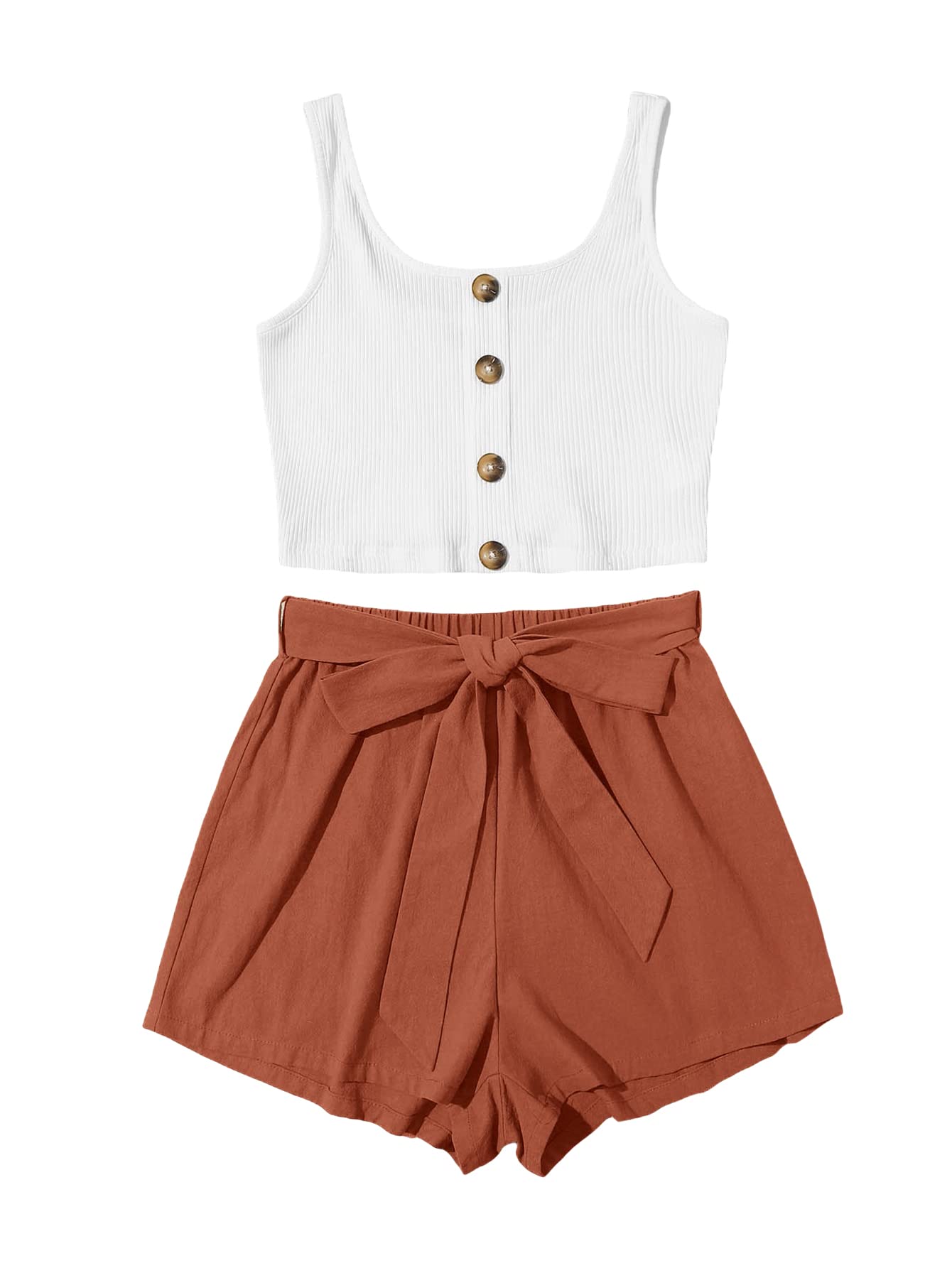 SOLY HUX Women's 2 Piece Summer Outfit - Button Front Crop Tank Top & High Waist Belted Shorts Set | Casual Streetwear, Beach Vacation, Weekend Outfits for Women