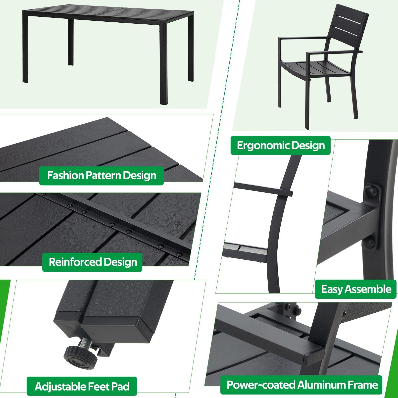 U-MAX 7-Piece Aluminum Outdoor Dining Set - Modern Patio Table and 6 Stackable Chairs for Garden, Backyard, Poolside - Durable Black Aluminum Frame Furniture for Outdoor Entertaining & Relaxation
