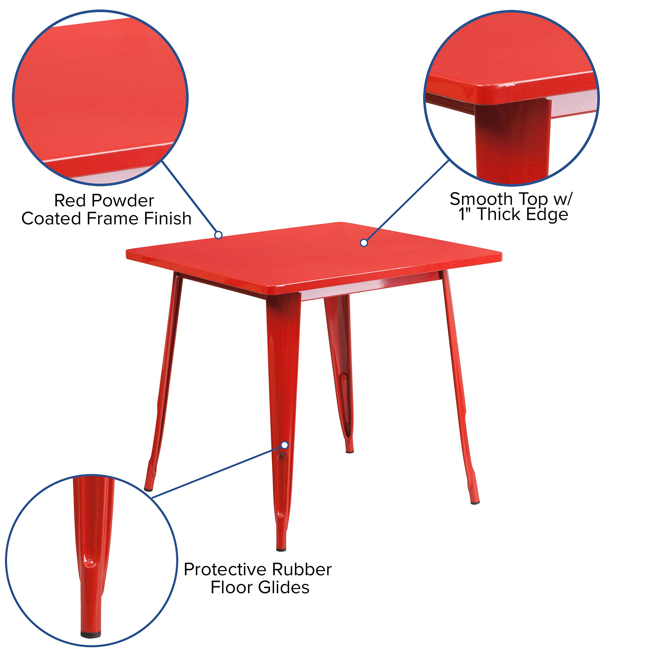 EMMA & OLIVER 31.5 Inch Square Red Metal Bistro Table - Heavy Duty Commercial Grade Indoor Outdoor Dining Table for Restaurants, Cafes, Patios & Backyards