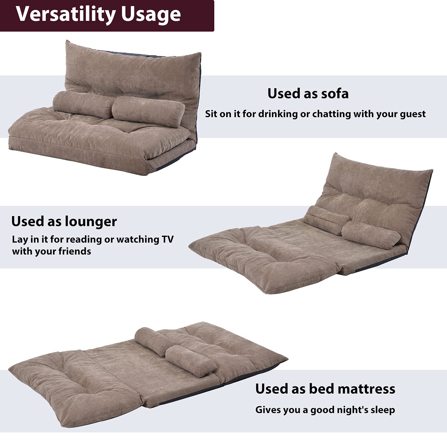 Adjustable Folding Futon Sofa Bed - Convertible Gaming & Lounge Sofa with 2 Pillows for Living Room, Bedroom, Apartment & Small Spaces (Light Brown) | Perfect for Video Gaming, Guest Sleeping & Space-Saving Solutions