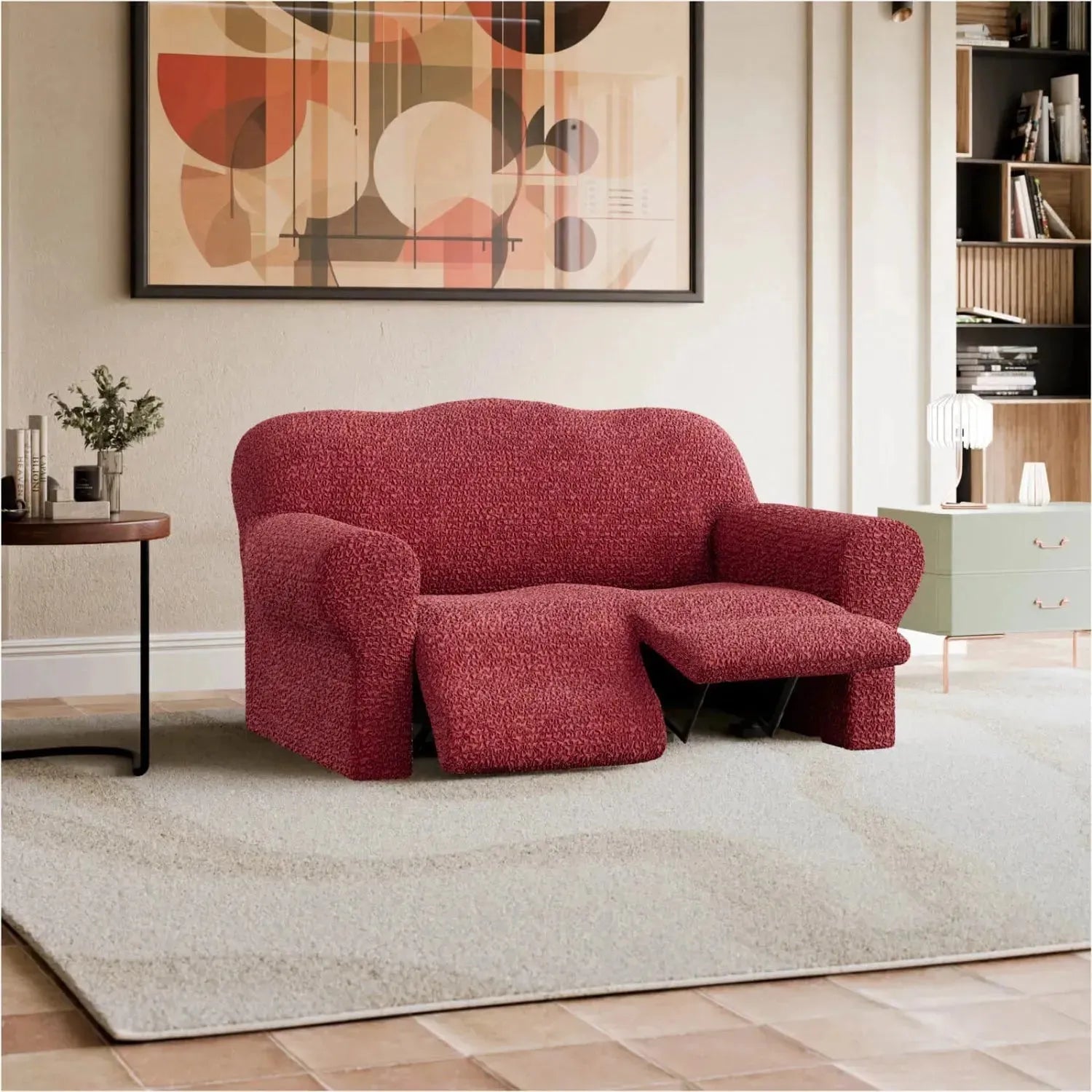 2 Seater Recliner Slipcover - Mille Righe Collection | Stretchable Sofa Cover for Living Room, Home Theater & Family Room Protection