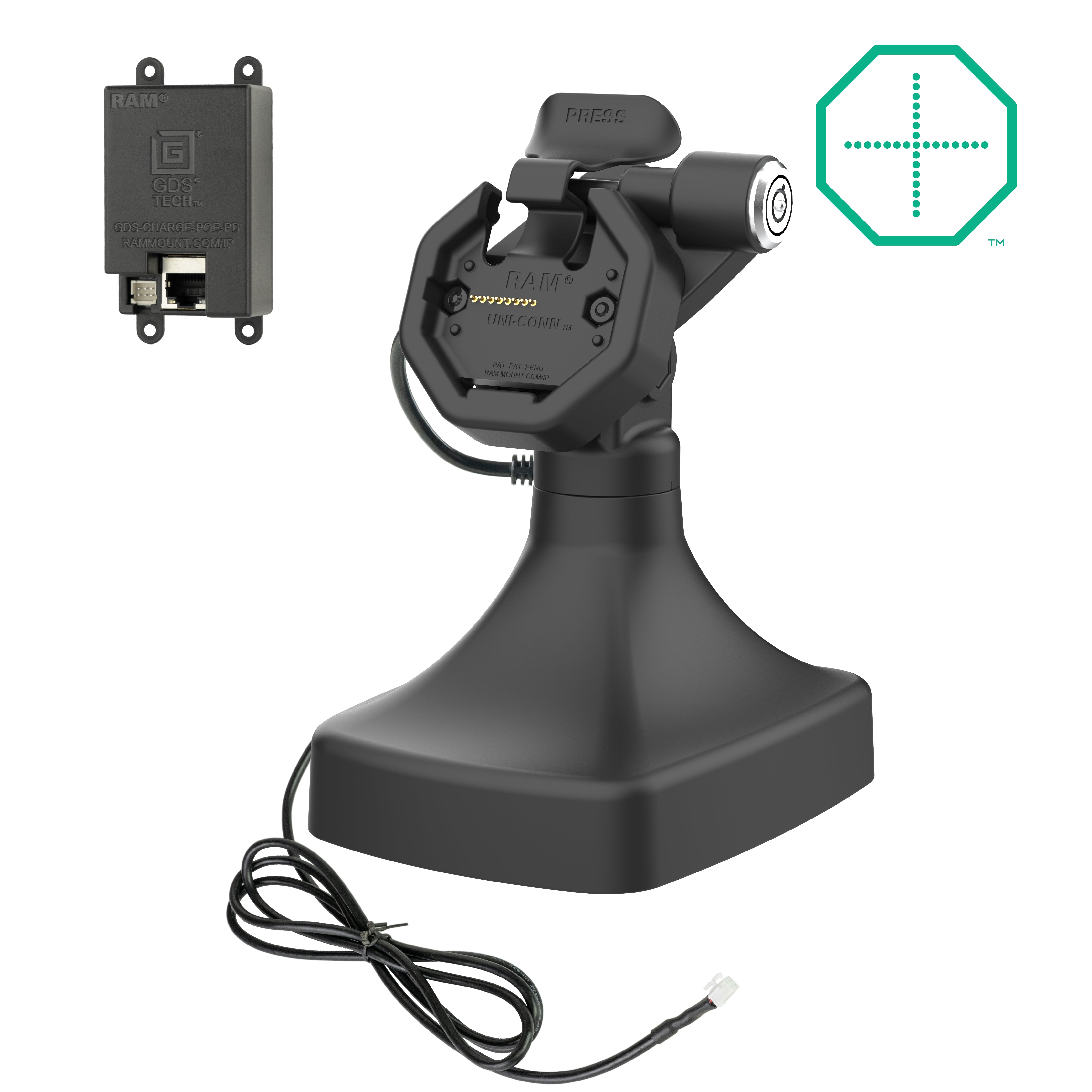 GDS® Uni Conn™ Powered Locking Tilt & Swivel Dock with PoE (RAM GDS DOCKLR D14 U3E) - Secure Mounting Solution for Tablets, Laptops & POS Systems in Vehicles, Boats & Retail Stores